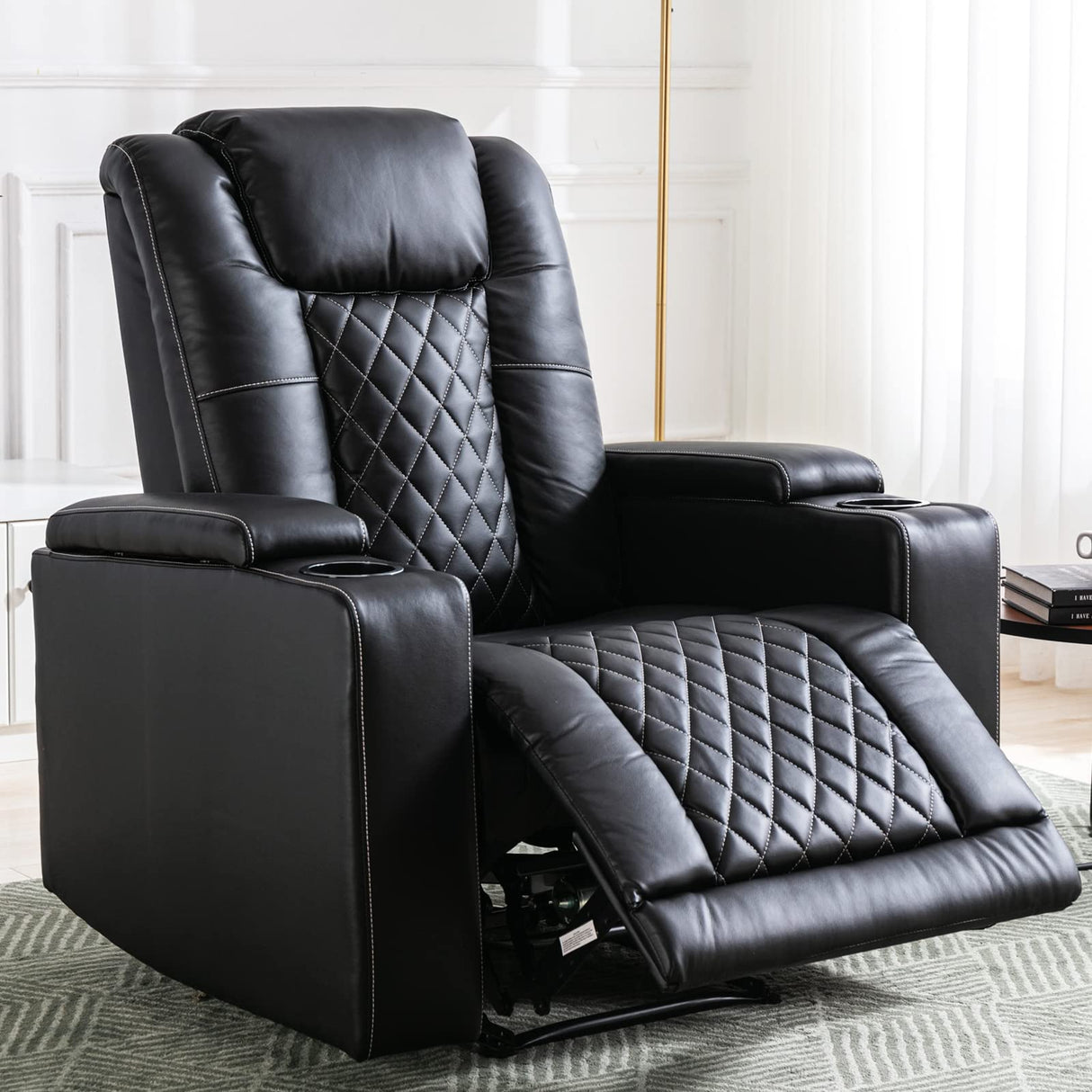 ANJ Electric Power Recliner Chair Soft Leather Reclining with USB Ports and Cup Holders, Black Home Theater Seating with Hidden Arm Storage Movie & Media Room Chairs ANJ