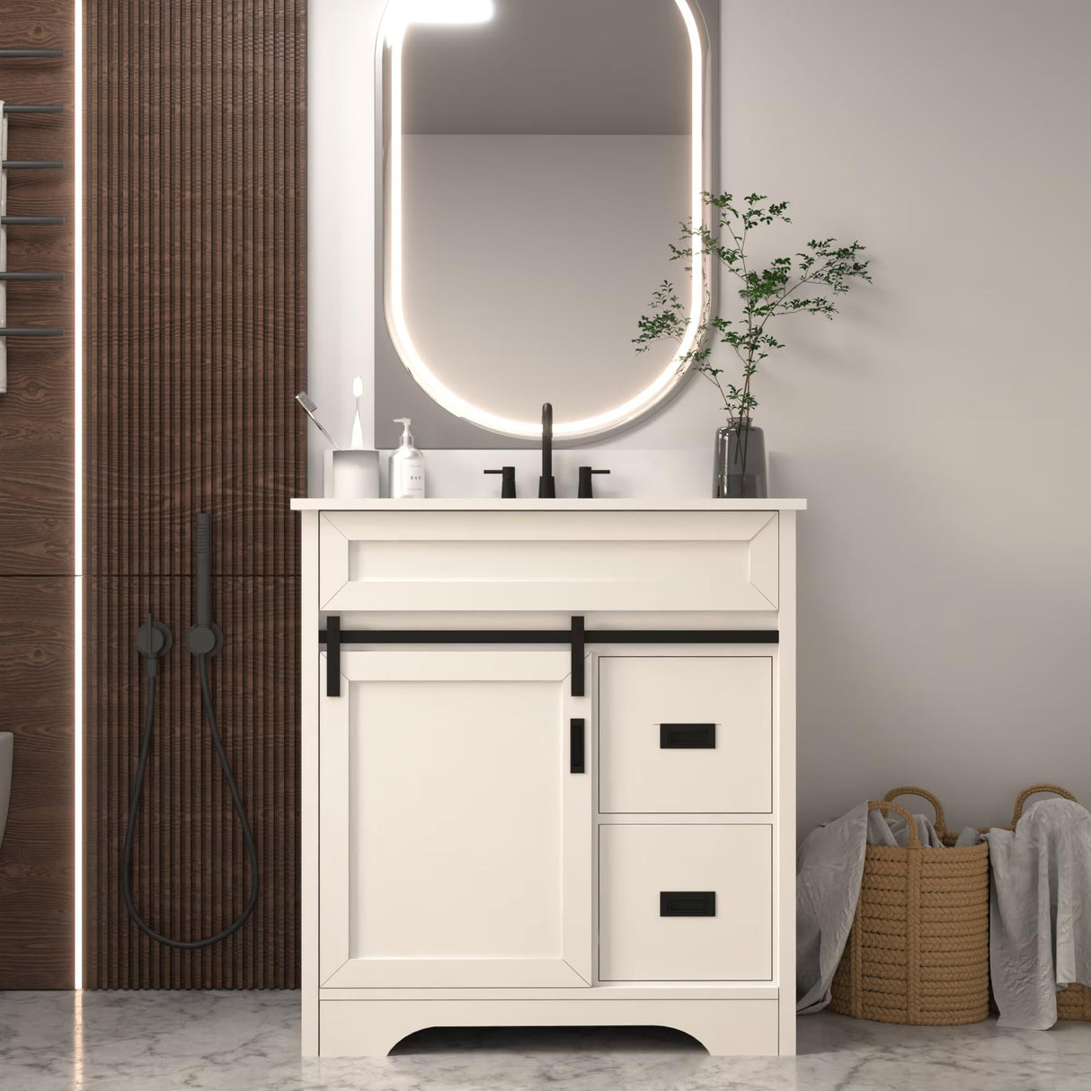 Furrnook Farmhouse Bathroom Vanity with Single Undermount Sink, Sliding Barn Doors, 2 Drawers & Ample Storage | Durable Engineered Stone Countertop | Freestanding Cabinet (30 inch) Furrnook