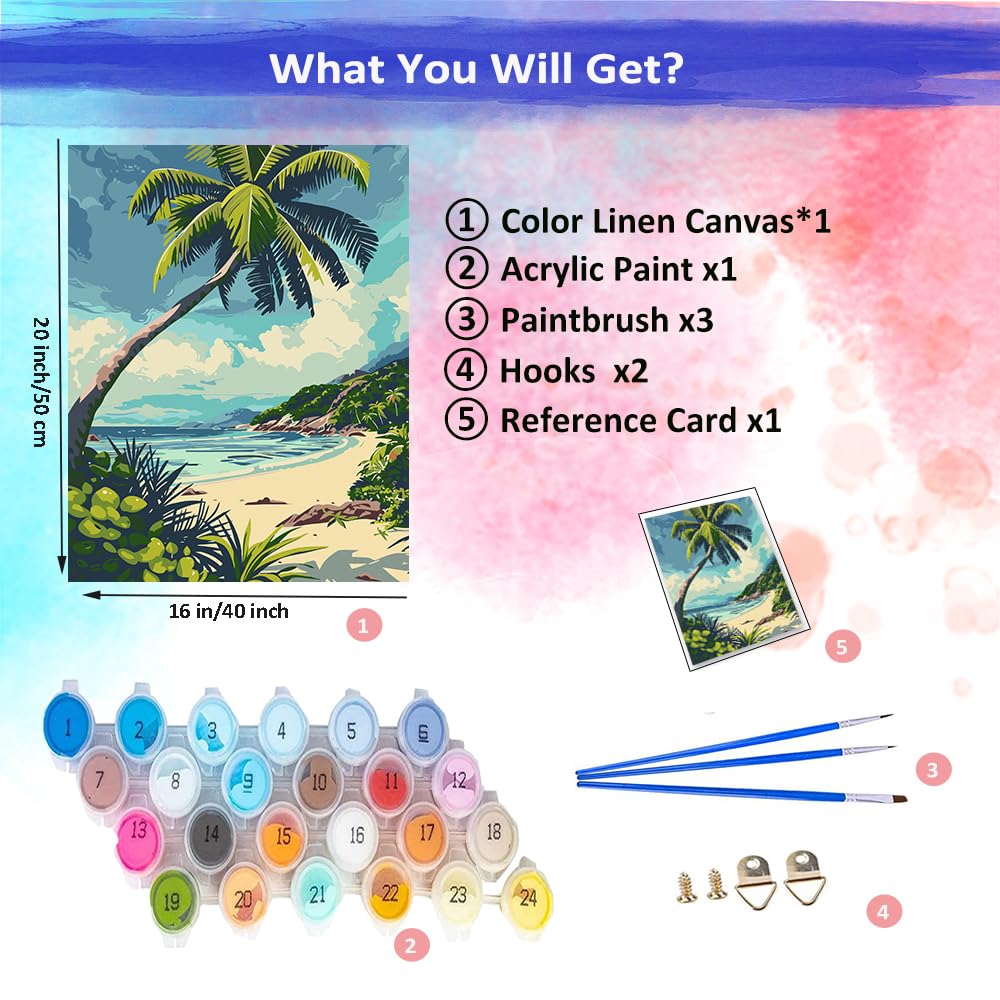 JUJUHOOD Beach Scene with Palm Tree Paint by Numbers Kit for Adults, Beach Adult Paint by Number Kits,DIY Acrylic Paint by Number on Canvas for Home Wall Decor 16X20 Inch JUJUHOOD