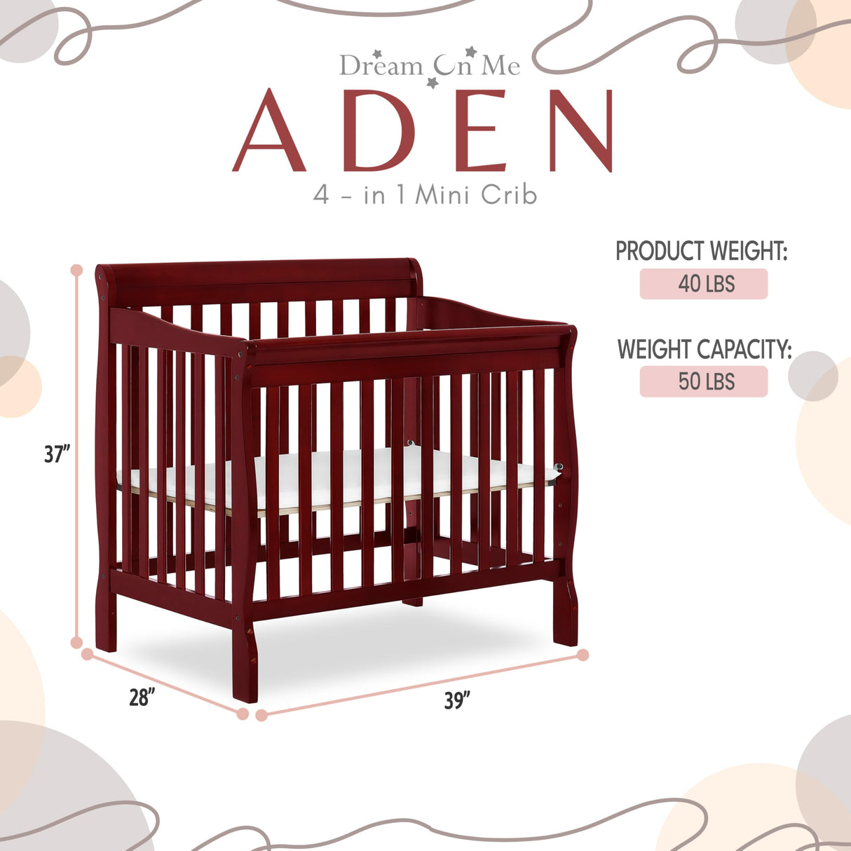 Dream On Me Aden 4-in-1 Convertible Mini Crib In Cherry, Greenguard Gold Certified, Non-Toxic Finish, New Zealand Pinewood, With 3 Mattress Height Settings Dream On Me
