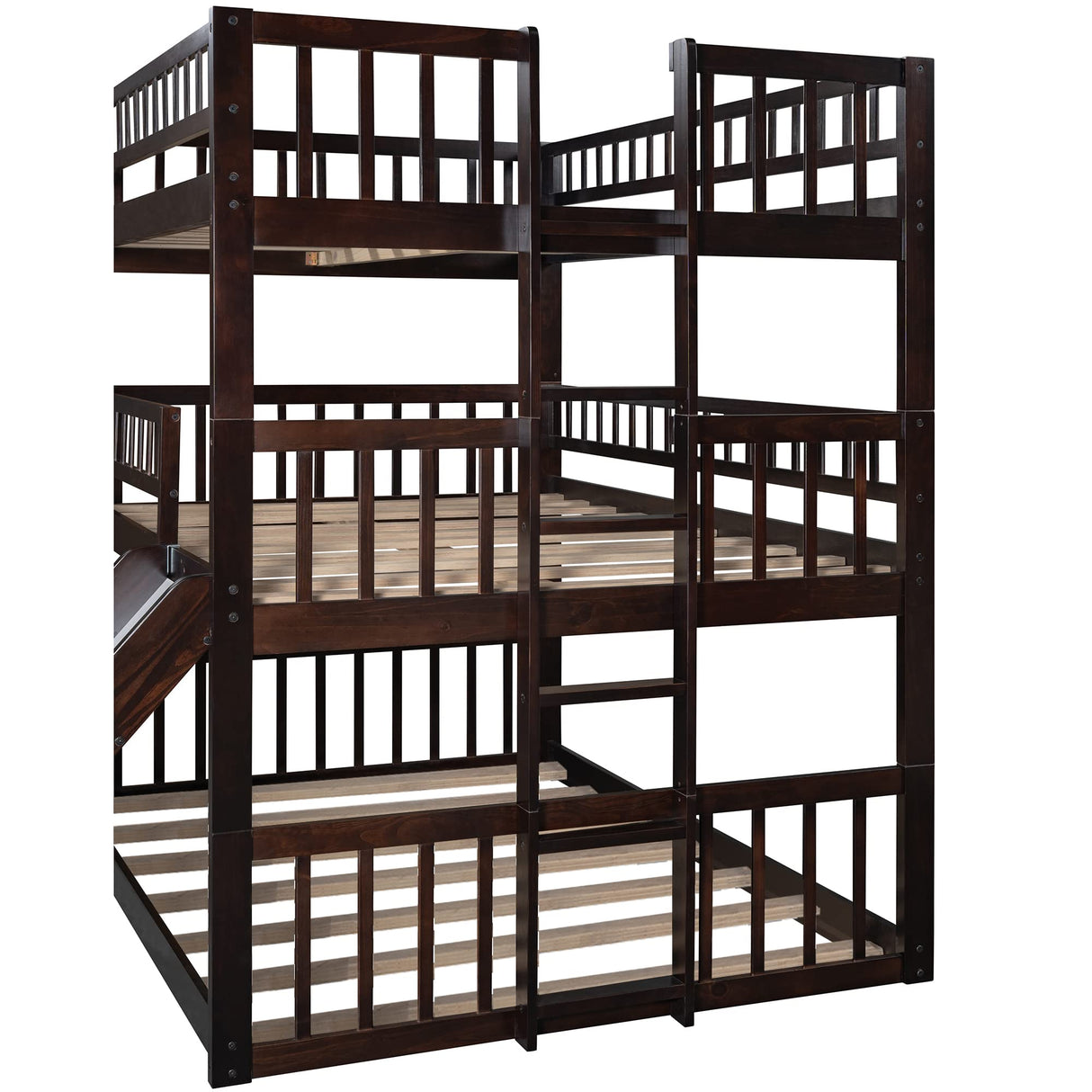 Triple Bunk Beds with Slide ,Wooden Bunk beds Full Over Full Over Full ,Floor Triple Bunk Bed with Ladder & Guardrails for kids /Teens/Adults,Can be Convertible to 3 Beds ,Espresso Harper & Bright Designs