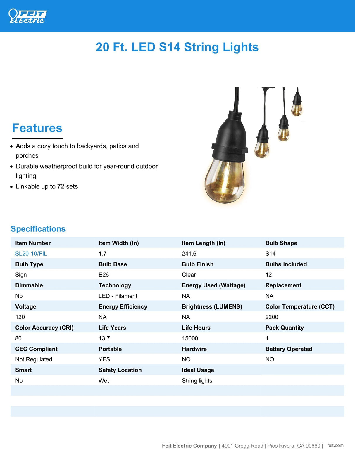 Feit Electric LED String Lights, 20ft Commercial Grade and Shatter Resistant String Lights with 10 Outdoor Sockets, Linkable, 15,000-Hour Lifetime, Wet Rated, SL20-10/FIL, 12 Bulbs Included Feit Electric