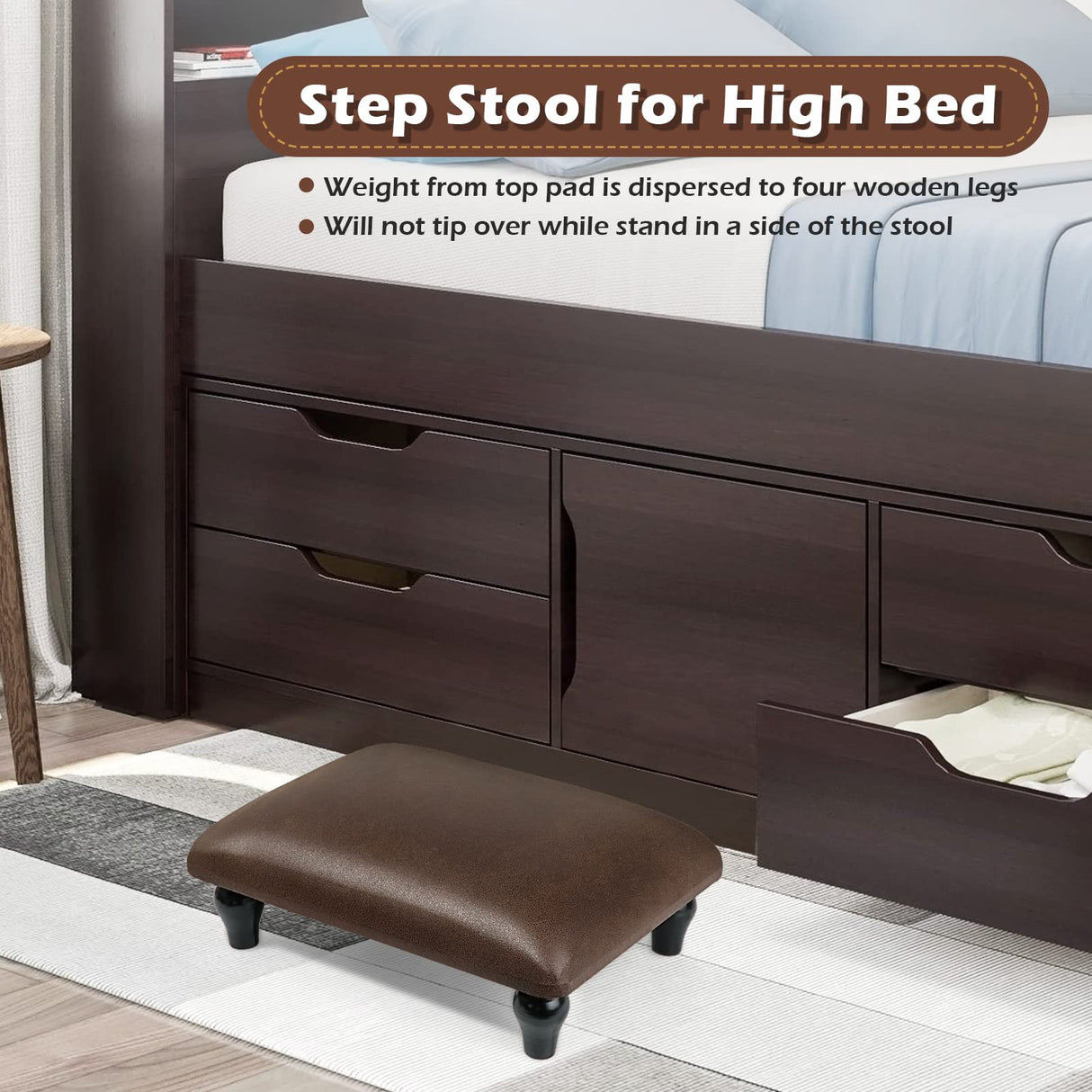 YOYETECO Small Foot Stool Ottoman with Stable Wood Legs Upholstered Footstool Padded Foot Rest Step Stool for High Beds Seat Chair Couch Sofa Patio Bedroom Living Room Office (5.9" H-Brown) YOYETECO