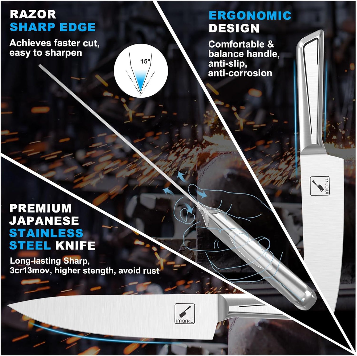 Knife Sets for Kitchen with Block imarku G14 Japanese Knife Set Stainless Steel Kitchen 14pcs, Built-in Sharpener, Sharp Knives with Non-slip Ergonomic Handle - Dishwasher Safe, Home Essential Gifts imarku