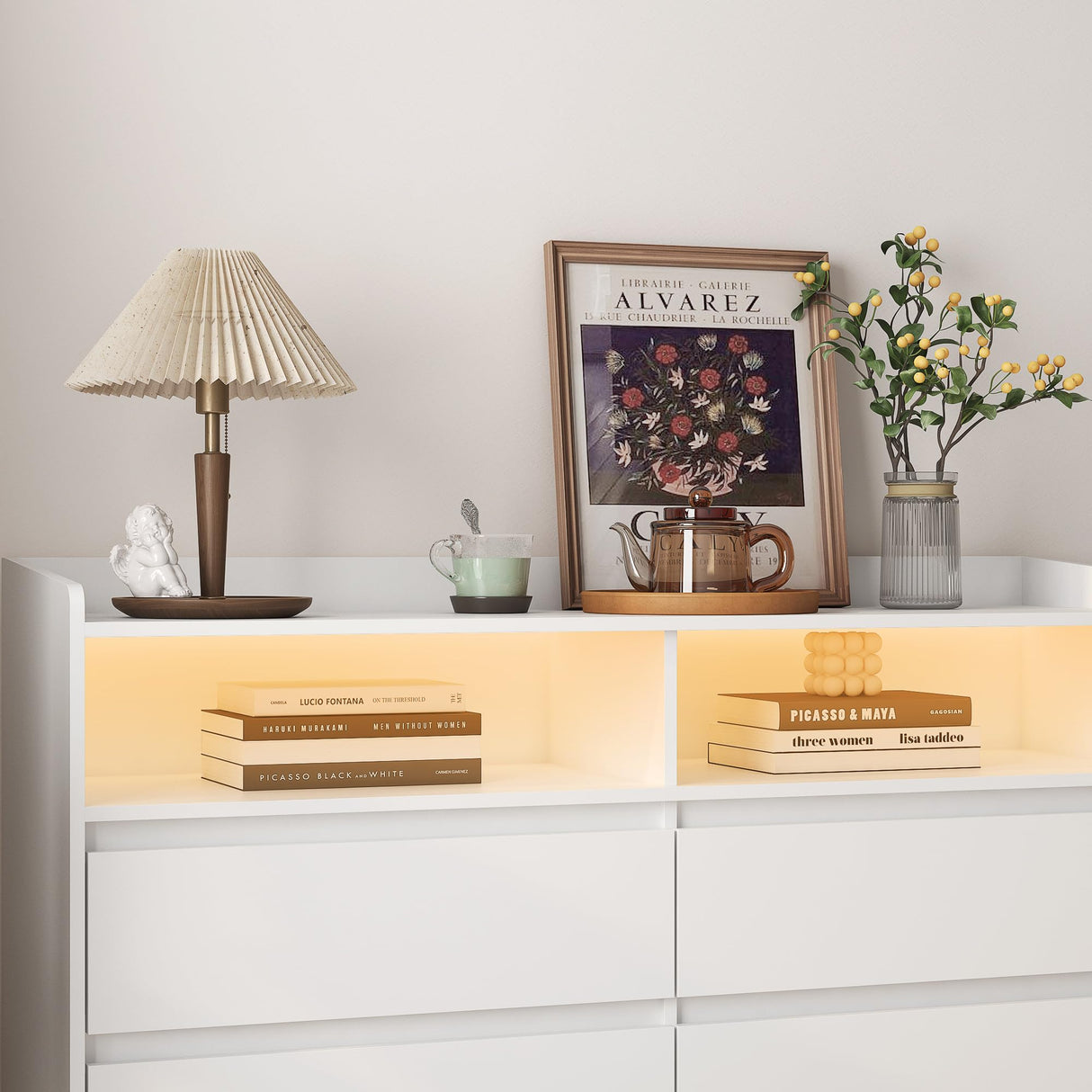 GOSROMS Dresser for Bedroom, White Bedroom Dresser with LED Lights, 6 Long Drawers Dresser, Tall Wide Chest of Drawers Storage Organizer for Bedroom, Living Room, Entryway GOSROMS