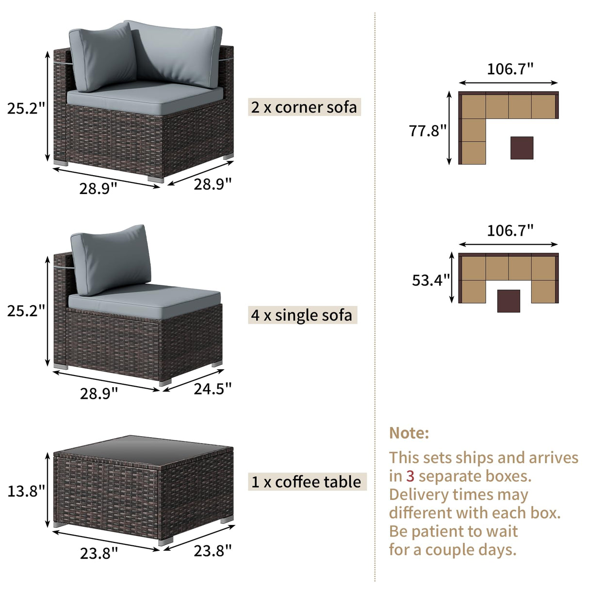 Tradare 7 Pieces Outdoor Patio Furniture Set, Wicker Patio Conversation Sectional Couch Set, All Weather PE Rattan Sofa with Glass Table and Grey Cushions Tradare