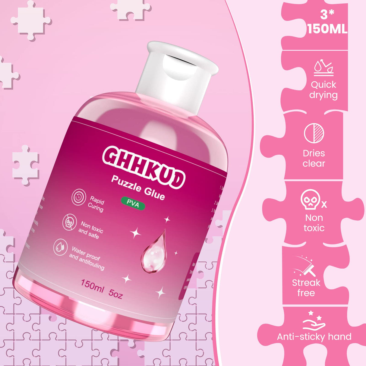 GHHKUD Jigsaw Puzzle Glue,450ML Puzzle Glue Clear with Applicator Brushes for Puzzle Paper Wood, Replace Puzzle Saver Sealer for Over Thousands Pieces of Puzzle Glue Sheets Accessories Tools (Pink) GHHKUD