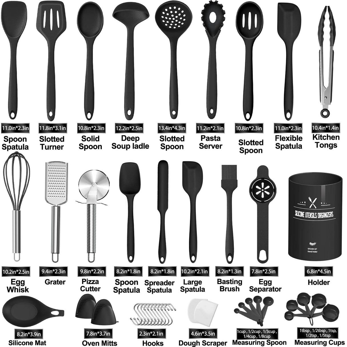 43 Pcs AIKKIL Kitchen Utensils Set, Heat Resistant Silicone Cooking Kitchen Utensils Set with Holder, Spoon, Spatula, Kitchen Gadgets Tools Set For Nonstick Cookware, Dishwasher(BPA Free, Black) AIKKIL