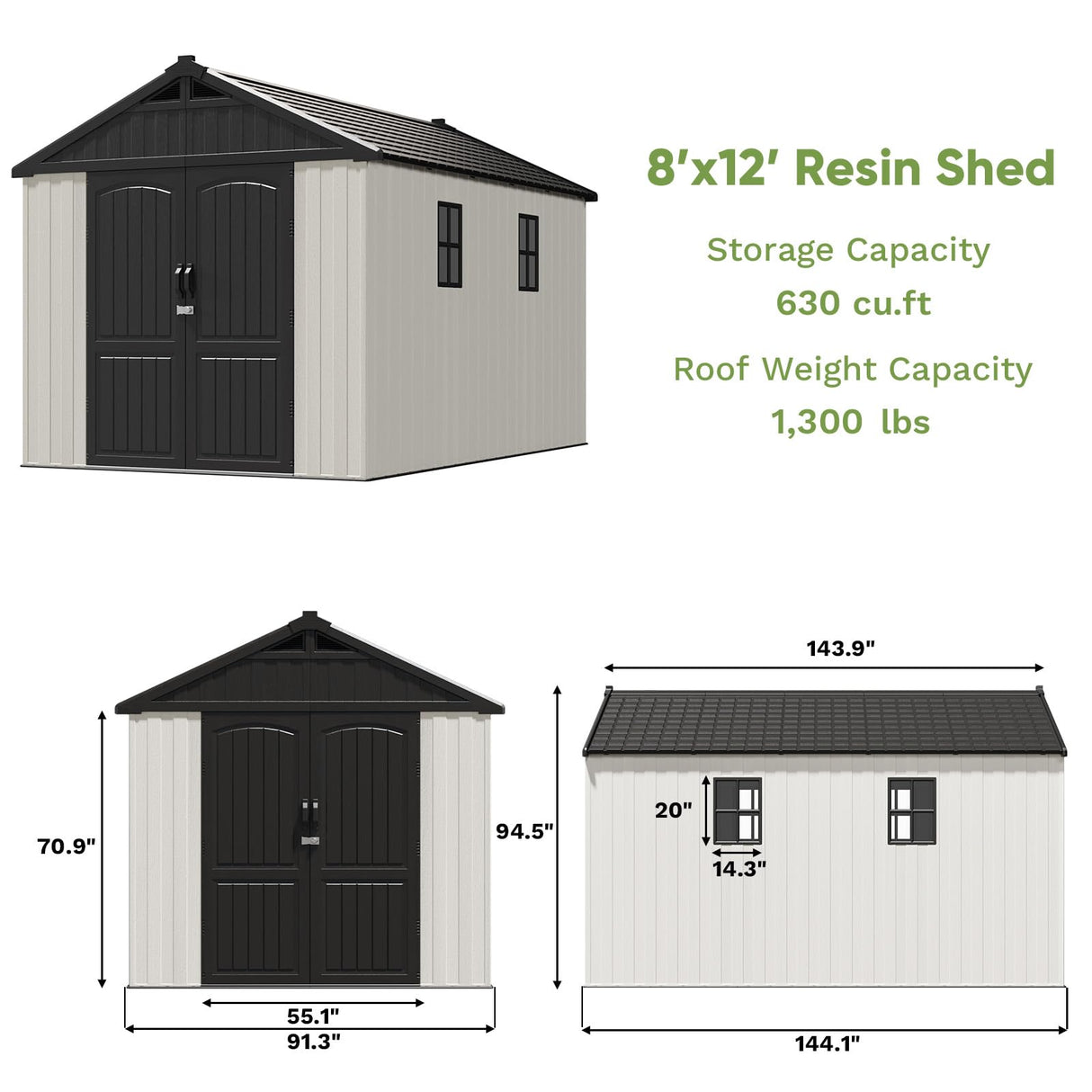 Patiowell 8x12 FT Outdoor Storage Shed, Plastic Shed Resin Garden Shed with Floor & Window & Lockable Door for Patio Furniture, Backyard Tools, Bicycles & Lawnmower, Beige Patiowell