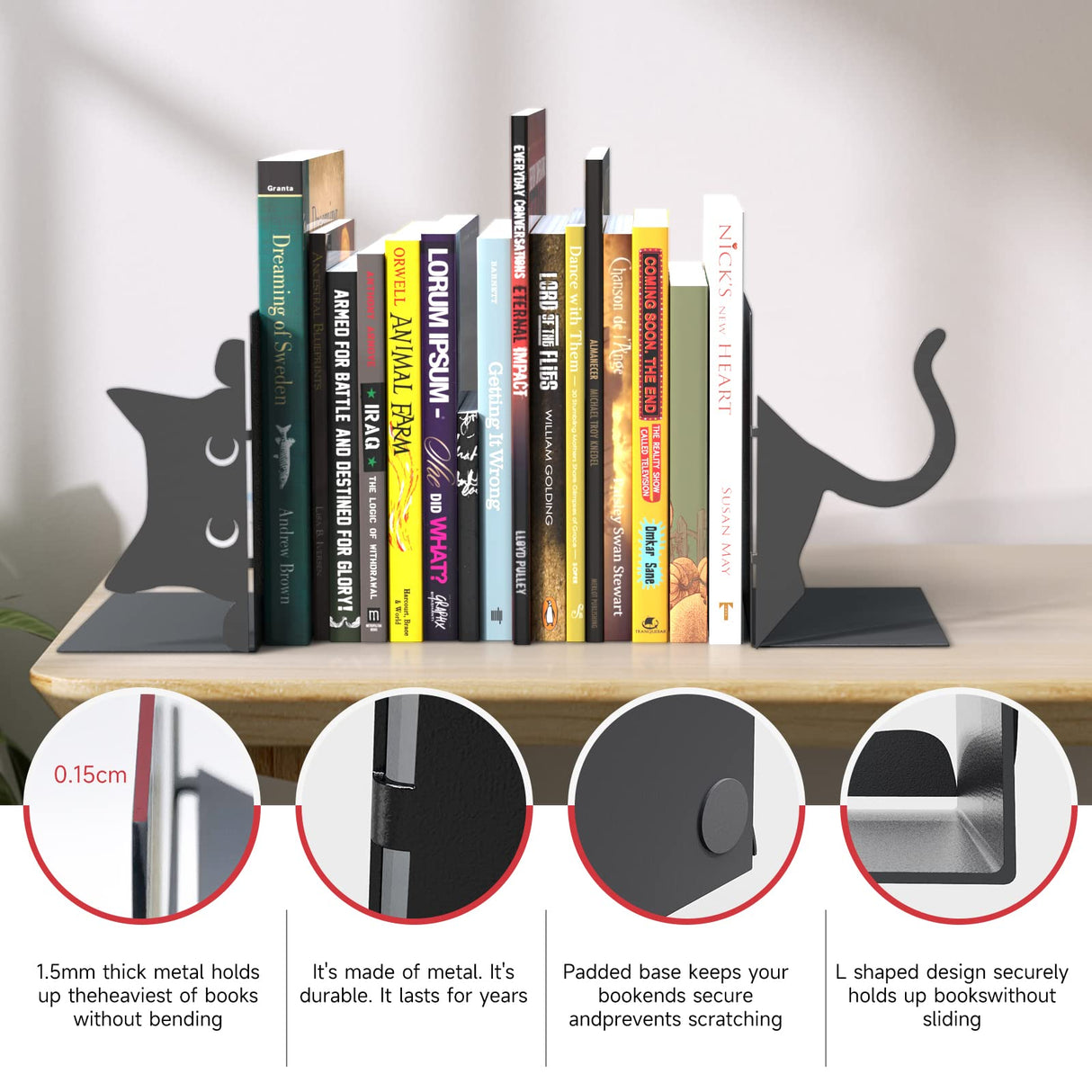 ENCIMART Book Ends Cat Decor Unique Bookshelf, Cute Metal Bookends for Shelves, Black Bookends to Hold Books for Bedroom Library Office School Book Desktop Organizer Cat Lover Gifts ENCIMART