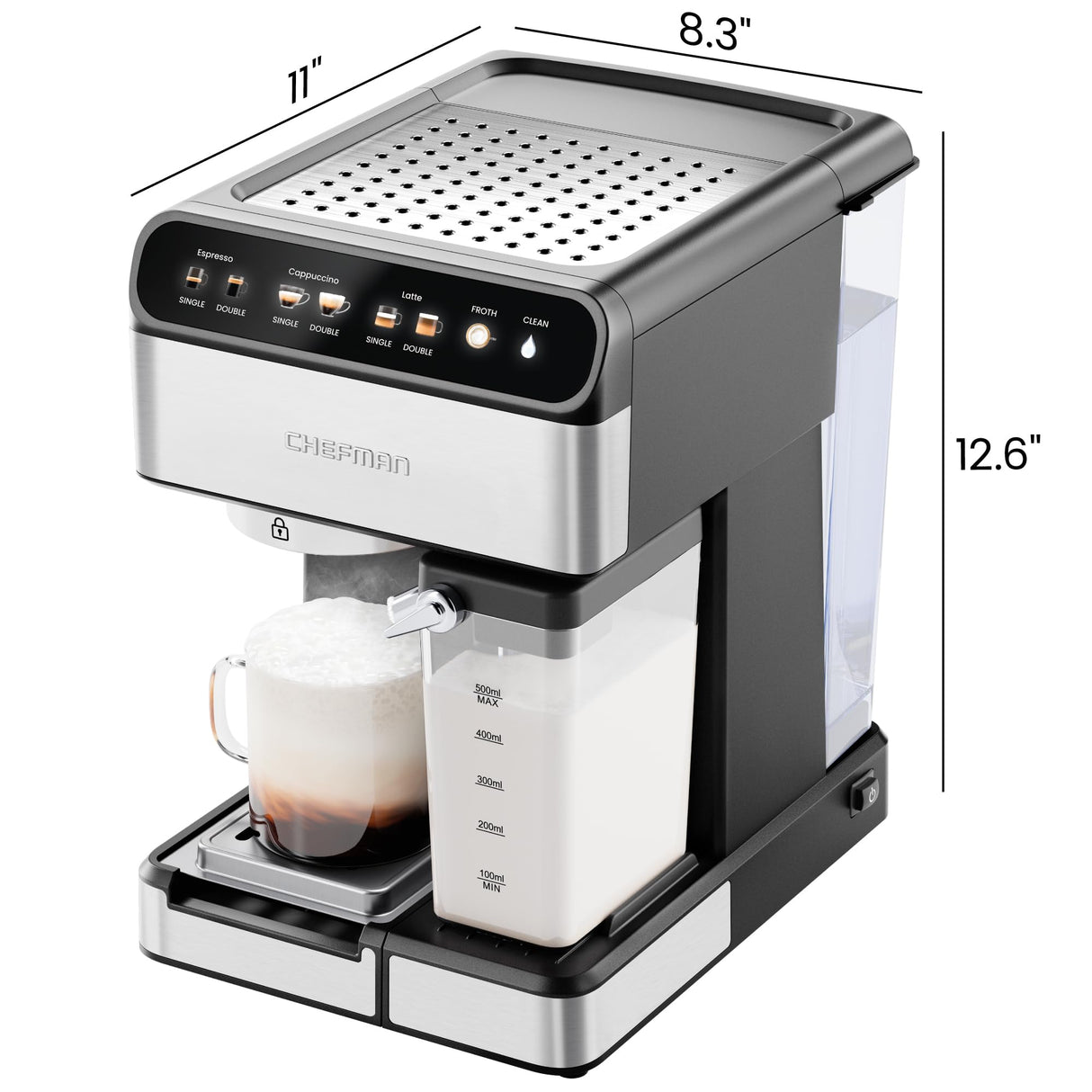 Chefman CaféMaster Pro Espresso Machine, Brew Single or Double Shots, Coffee Maker with Built-In Milk Frother for Cappuccino & Latte, XL 1.8 Liter Removable Water Reservoir - Stainless Steel Chefman