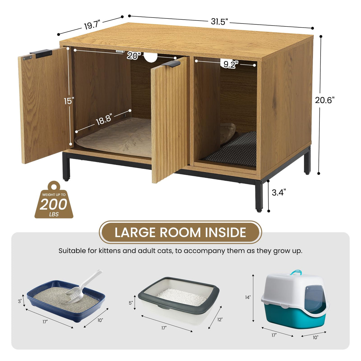 QuicMiou Cat Litter Box Enclosure, Hidden Litter Box Furniture with Metal Legs, Side End Table Indoor Washroom Cat House Storage Cabinet 31.5 x 19.7 x 20.6 Inches (Natural Oak) QuicMiou