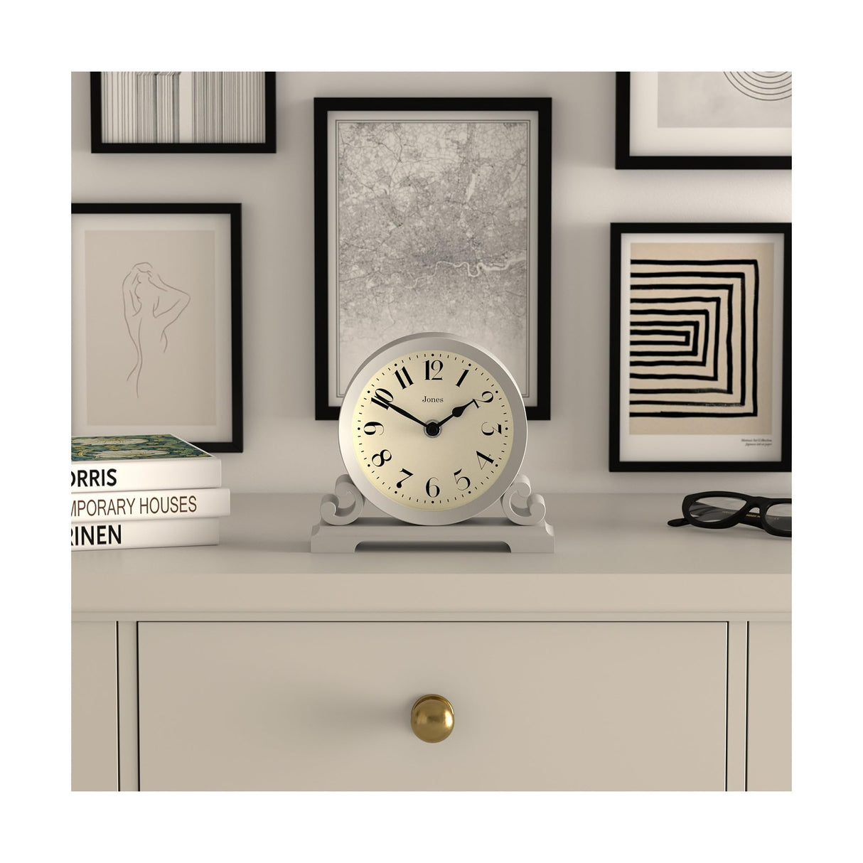 JONES CLOCKS® Saloon Mantel Clock |Traditional Double Scroll Design |French Navy |Contemporary Classic Style for Desk, Table, Shelf or Bedside JONES CLOCKS