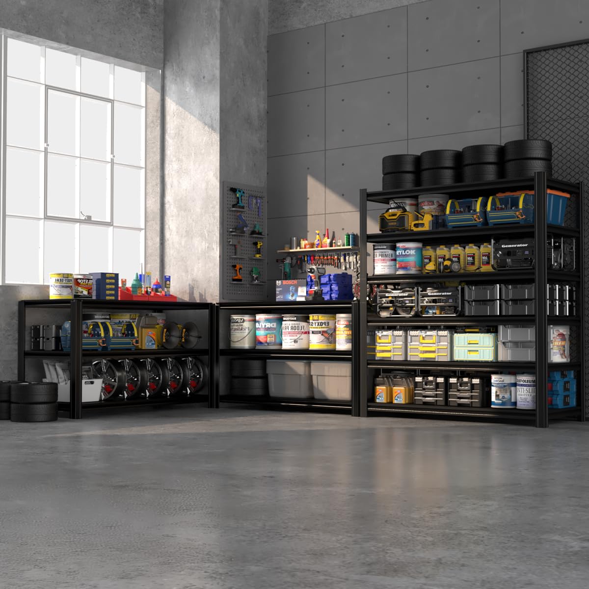 SYLOUGH 55.12" W Father&I 6-Shelf Industrial Adjustable Heavy-Dudy Tall Metal Steel Garage Storage Shelves Shelving Units/Rack System (Commercial) for Basement/Shop/Dorm, 84" H*55.12" W*24" D*, Black SYLOUGH