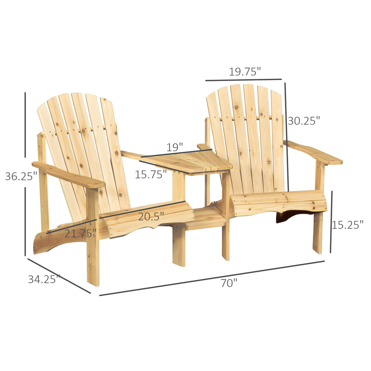 Outsunny Wooden Adirondack Chairs for Two People, Outdoor Fire Pit Chair with Table & Umbrella Hole, Patio Chair for Deck Lawn Pool Backyard, Natural Outsunny