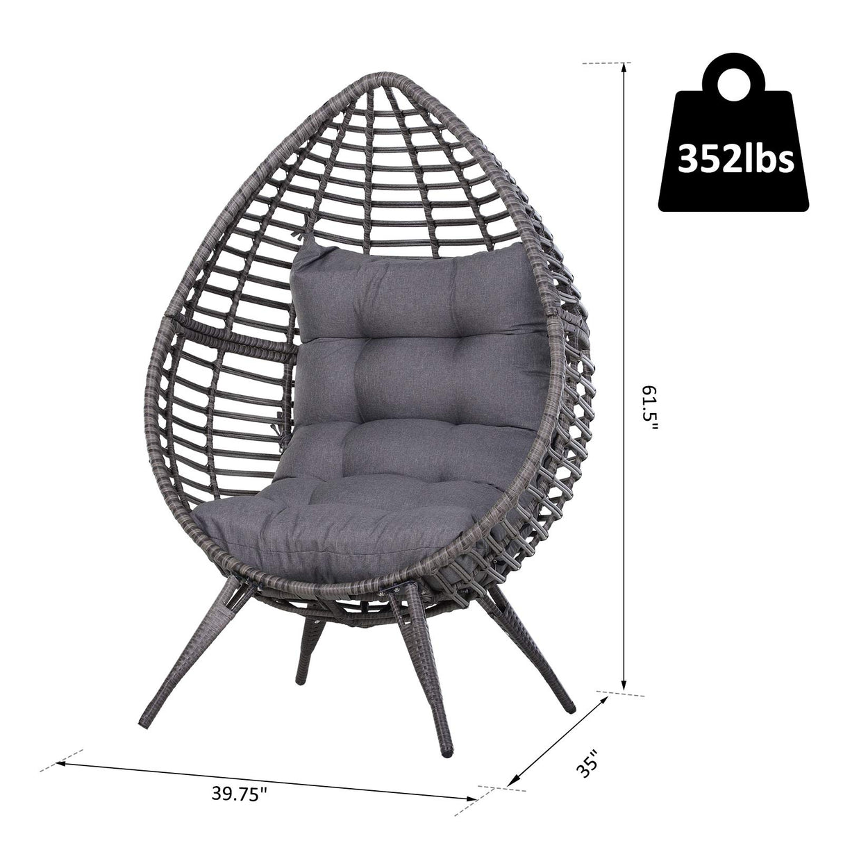 Outsunny Patio Wicker Egg Chair w/Soft Cushion, Teardrop Cuddle Seat, Outdoor/Indoor Patio Chair, PE Plastic Rattan Furniture with Adjustable Height Feet Pads, Gray Outsunny