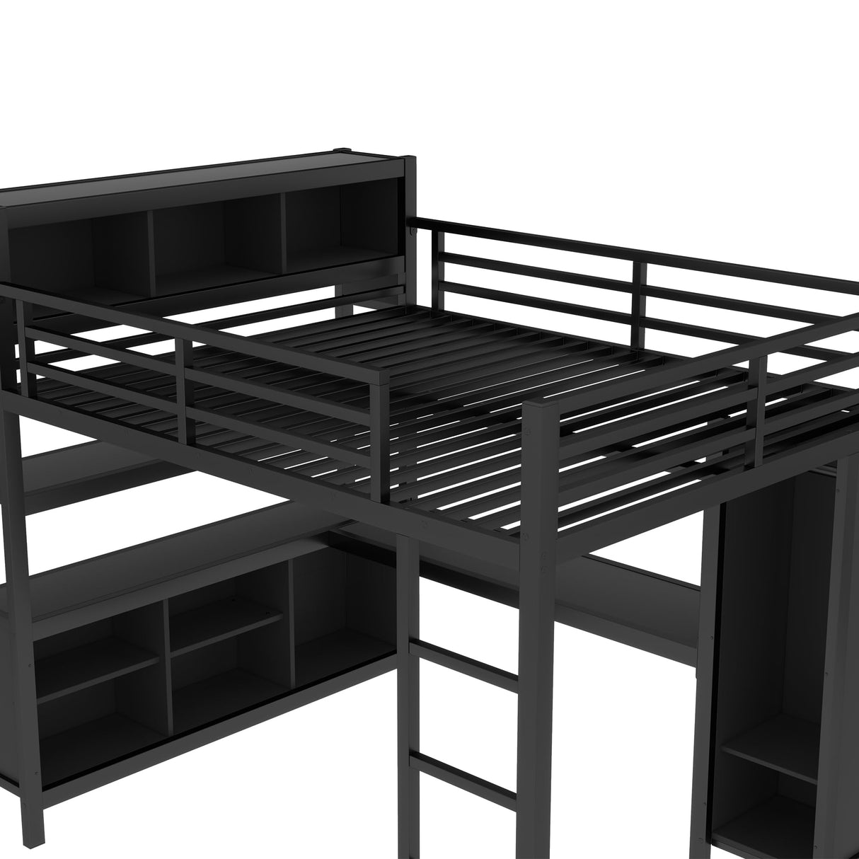 Queen Loft Bed with Wardrobe and Storage Cubes, Queen Size Loft Bed with Desk and Storage Shelf, Metal Loft Bed with Guardrail, Queen Size Loft Bed for Adults, Teens, Kids(Black Queen) Bellemave