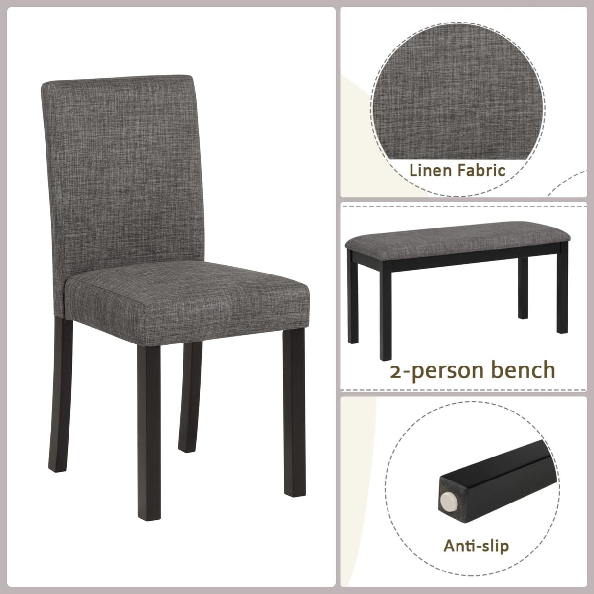 Trygoal Dining Table Set for 5, Modern 6 Piece Dining Room Table Set with Rectangular Table 4 Upholstered Backrest Chairs and a Bench, Counter Height Kitchen Sets with Wood Grain Surface, Black Trygoal