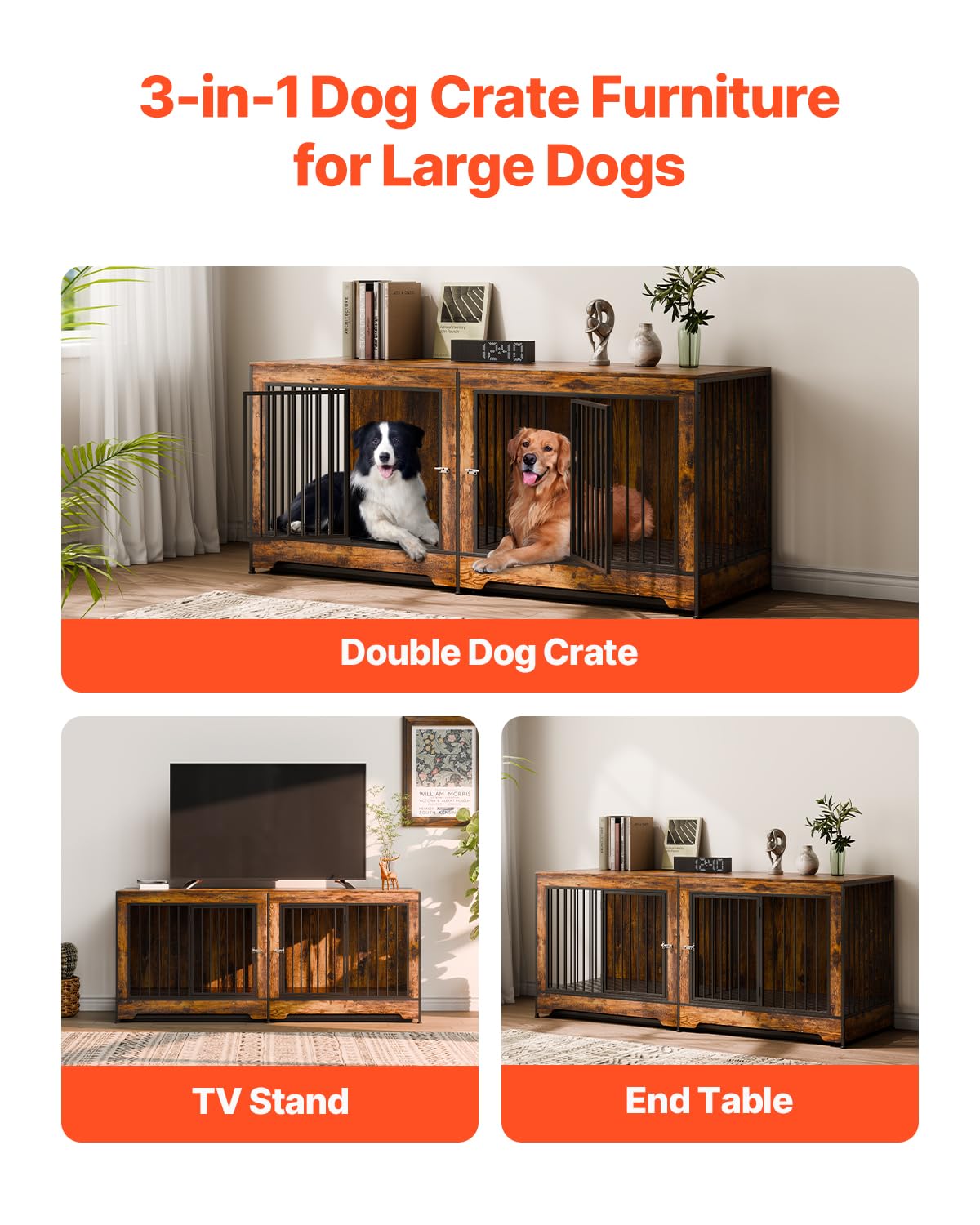VEVOR 75" Dog Crate Furniture for 2 Dogs,Extra Large Double Dog Crate Furniture Large Breed with Divider & Double Doors,Large Wooden Dog Crate Furniture TV Stand for Medium Large Dogs Brown VEVOR
