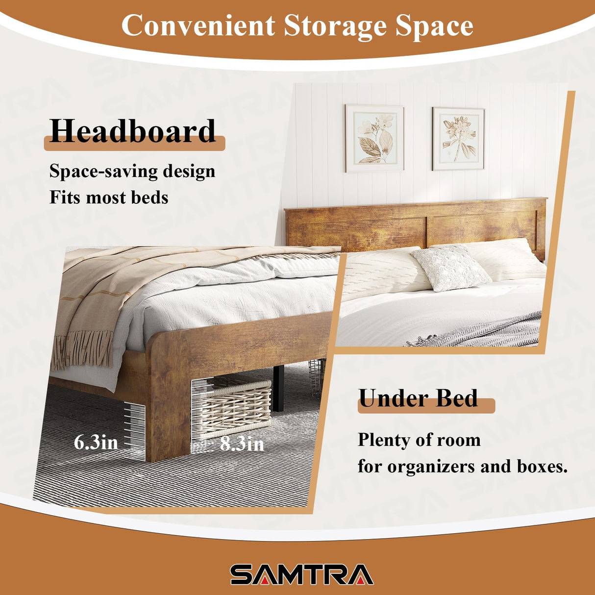 SAMTRA Wooden Bed Frame King Size with Headboard, Farmhouse Platform Bedframe with Wood Slat Support, Sturdy Framework Bed Frame, Easy Assembly (Rustic Brown) SAMTRA