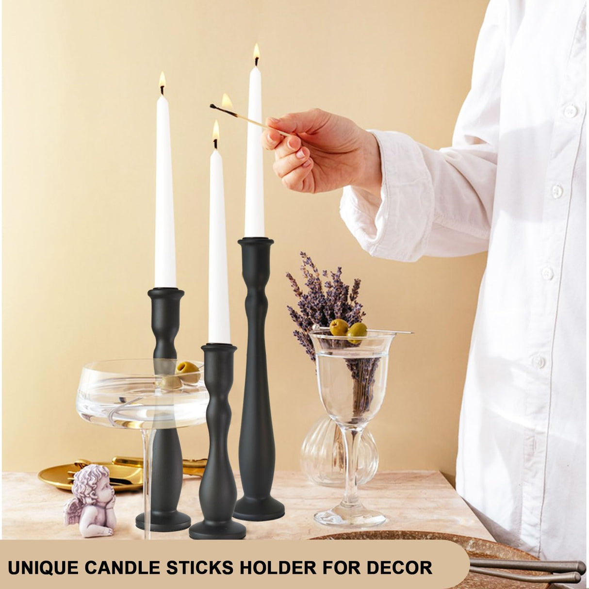 DINLiAN S Candlestick Holders Black Candle Holder for Candlestick,Taper Modern Candle Holders Set of 3,Tall Wood Candle Sticks Holder Decor(12"/10"/8" H) (3, Black) DINLiAN S