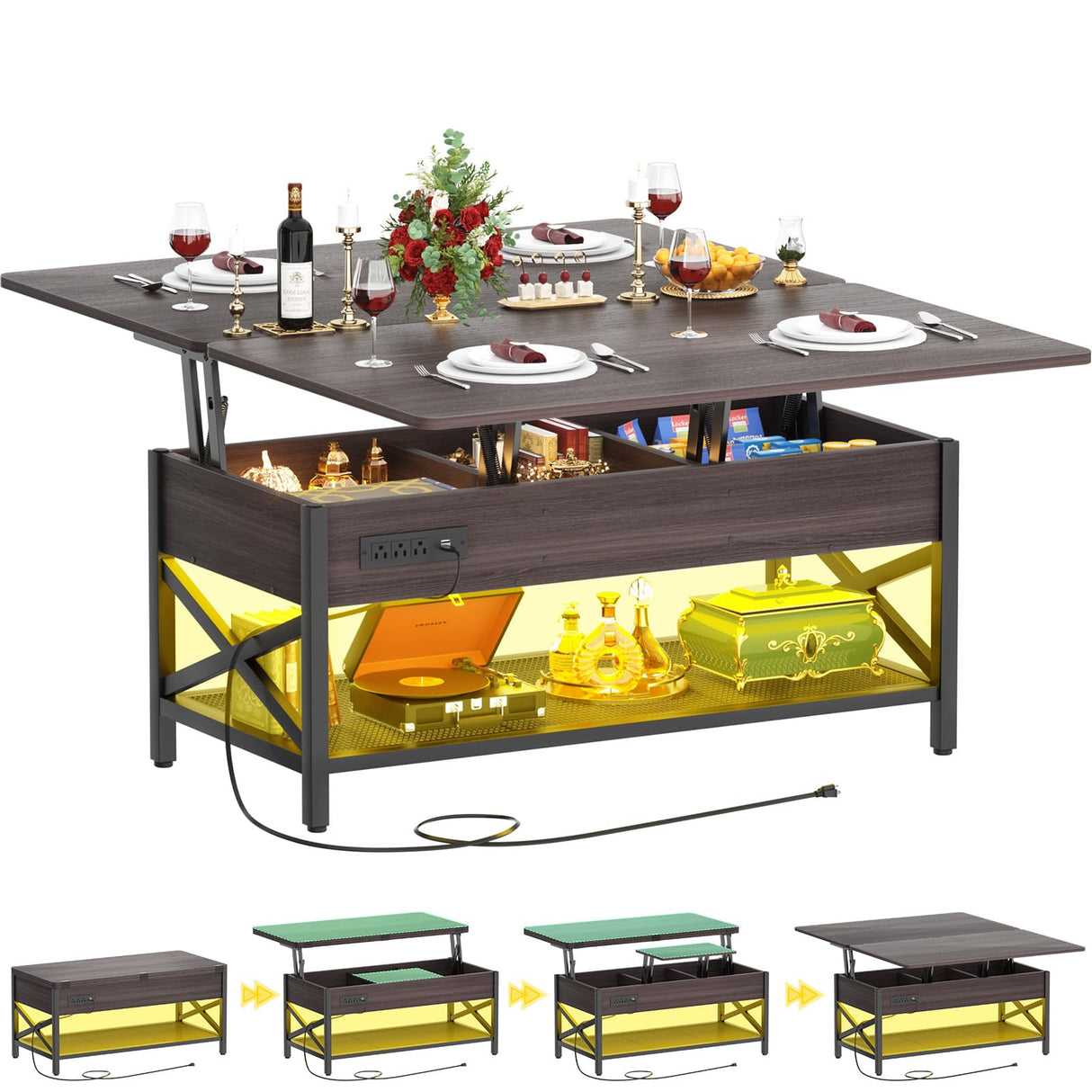 Aheaplus Coffee Table Lift Top Multi-Function Coffee Table Converts to Dining Table, with LED Light and Power Outlet, Center Table with Shelves for Living Room Reception Home Office,-S2, Espresso Aheaplus
