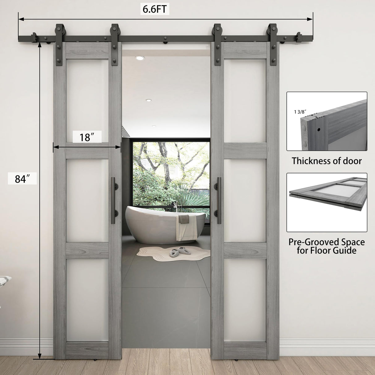 BARNSMITH 18in x 84in Double Glass Barn Door with 6.6FT Sliding Door Hardware Kit Included & Handle,3-Panel Frosted Glass Solid Wood Slab with Water-Proof PVC Surface,Pre-Drilled Easy Assembly,Grey BARNSMITH