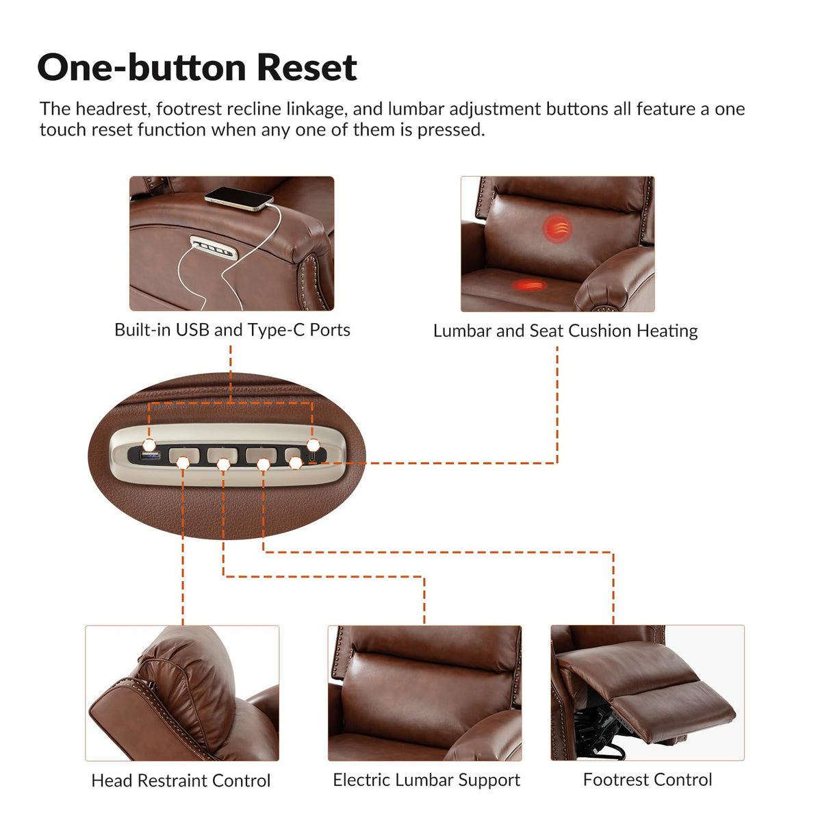 HULALA HOME Genuine Leather Recliner with One-Button Reset, Power Recliner with Electric Lumbar Support and Headrest, Traditional Swivel Rocker Recliner with USB Port and Storage Pocket, Brown HULALA HOME