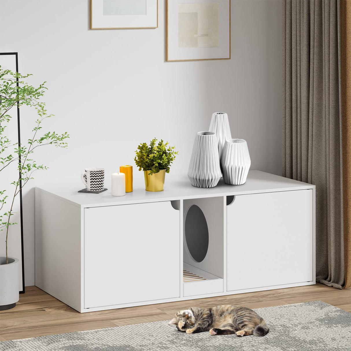 DAWNSPACES Cat Litter Box Enclosure for 2 Cats, Modern Wood Stackable Large Cat Washroom Storage Cabinet Bench End Table Furniture,with Removable Litter Box, White DAWNSPACES