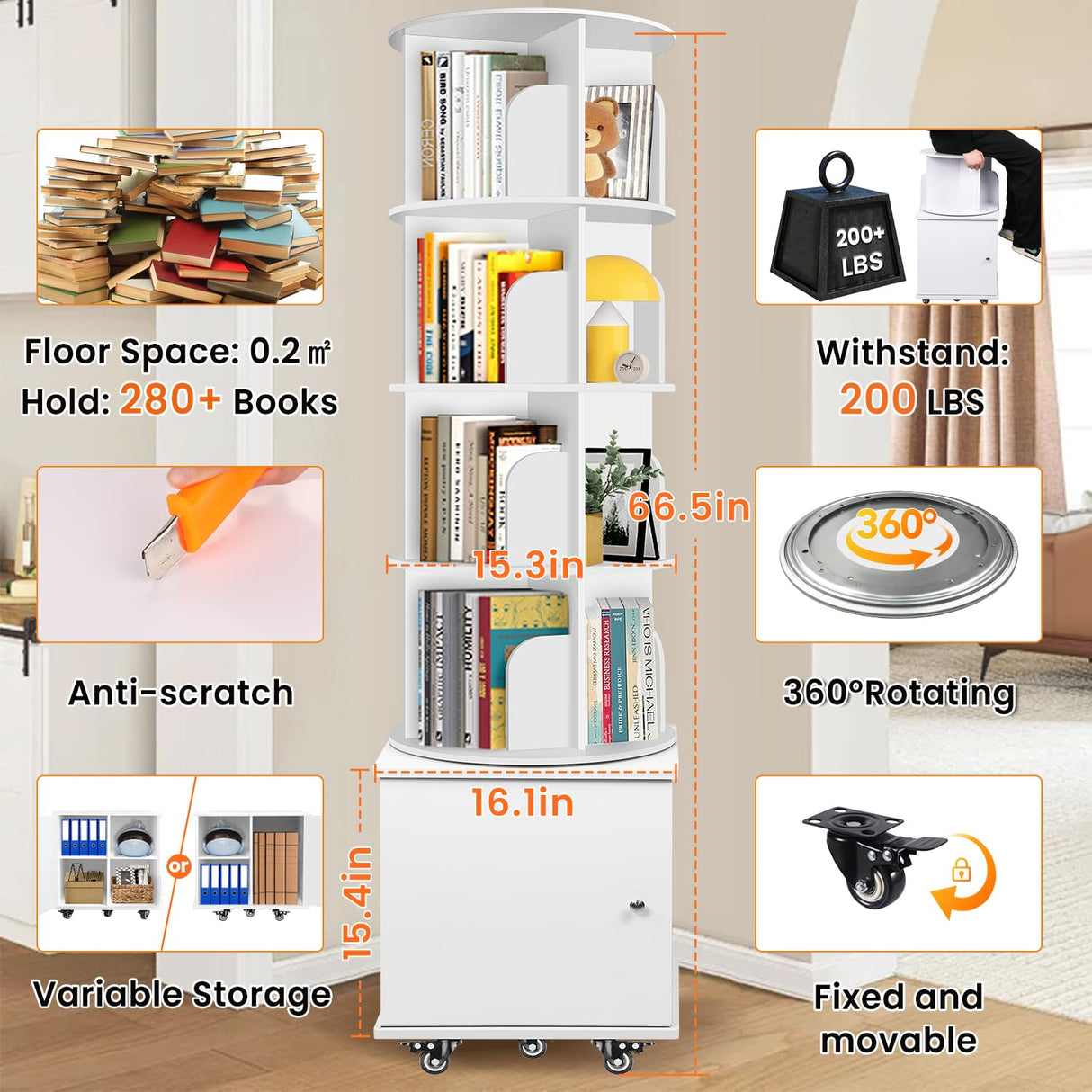 RUNSUNSPRI 6 Tier Rotating Bookshelf Spinning Bookshelf Tower 360° Revolving Bookcase with Storage Cabinet Corner Organizer Storage Round Carousel with Wheels, White RUNSUNSPRI