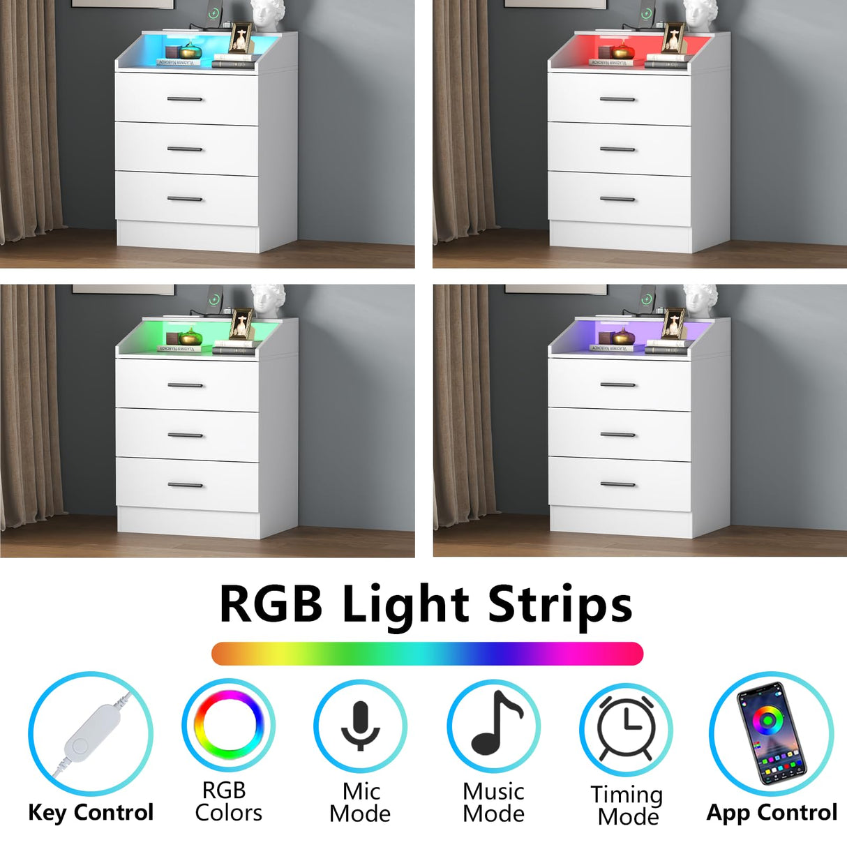 Gyfimoie 3 Drawer Dresser for Bedroom with Power Outlet, White Dresser with LED Light, Modern Dressers with Open Storage Cubby, Chest of Drawers Storage Organizer for Hallway, Living Room (White)โฆ Gyfimoie