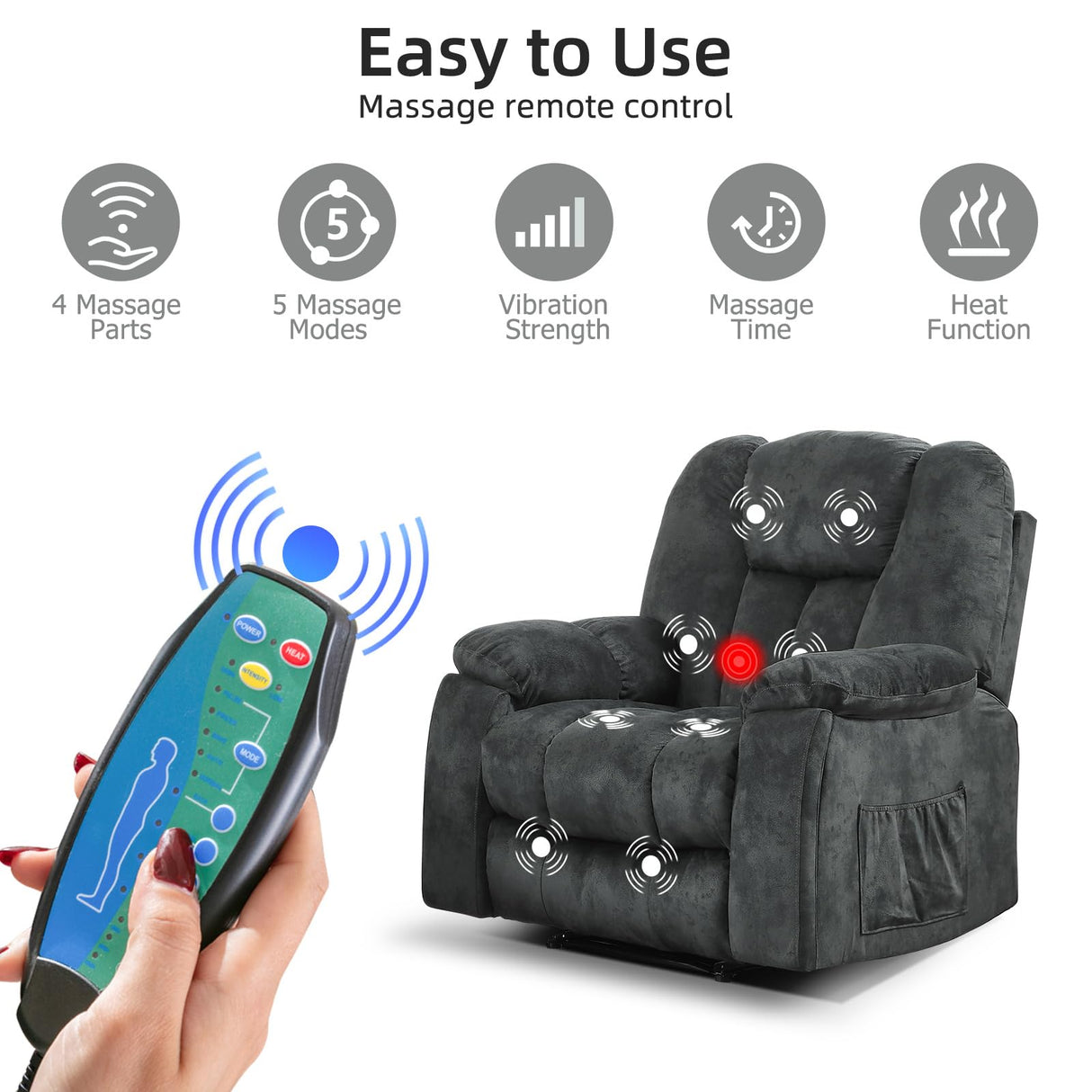 EBELLO 3 Pieces Recliner Sofa Furniture Set, Manual Recliner with Massage and Heat, Loveseat and Bonded 3 Seat Reclining Couch Set for Living Room, Green Grey EBELLO