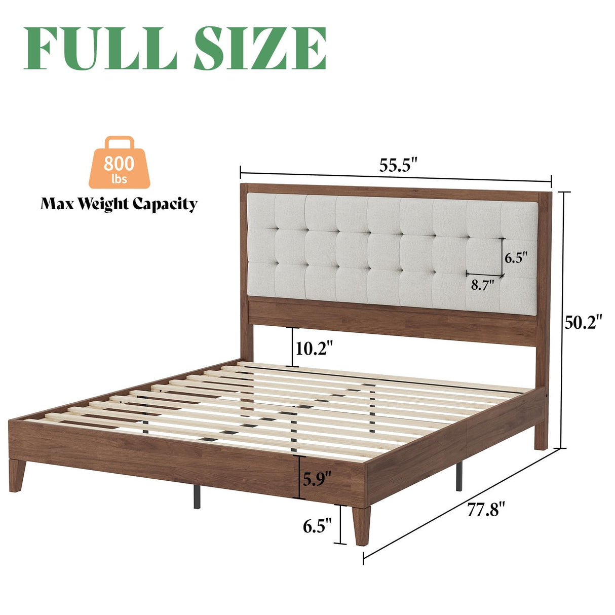 AMERLIFE Full Size Solid Wood Bed Frame with Tufted Headboard, Mid-Century Style, No Box Spring Required, Easy Assembly, Walnut AMERLIFE