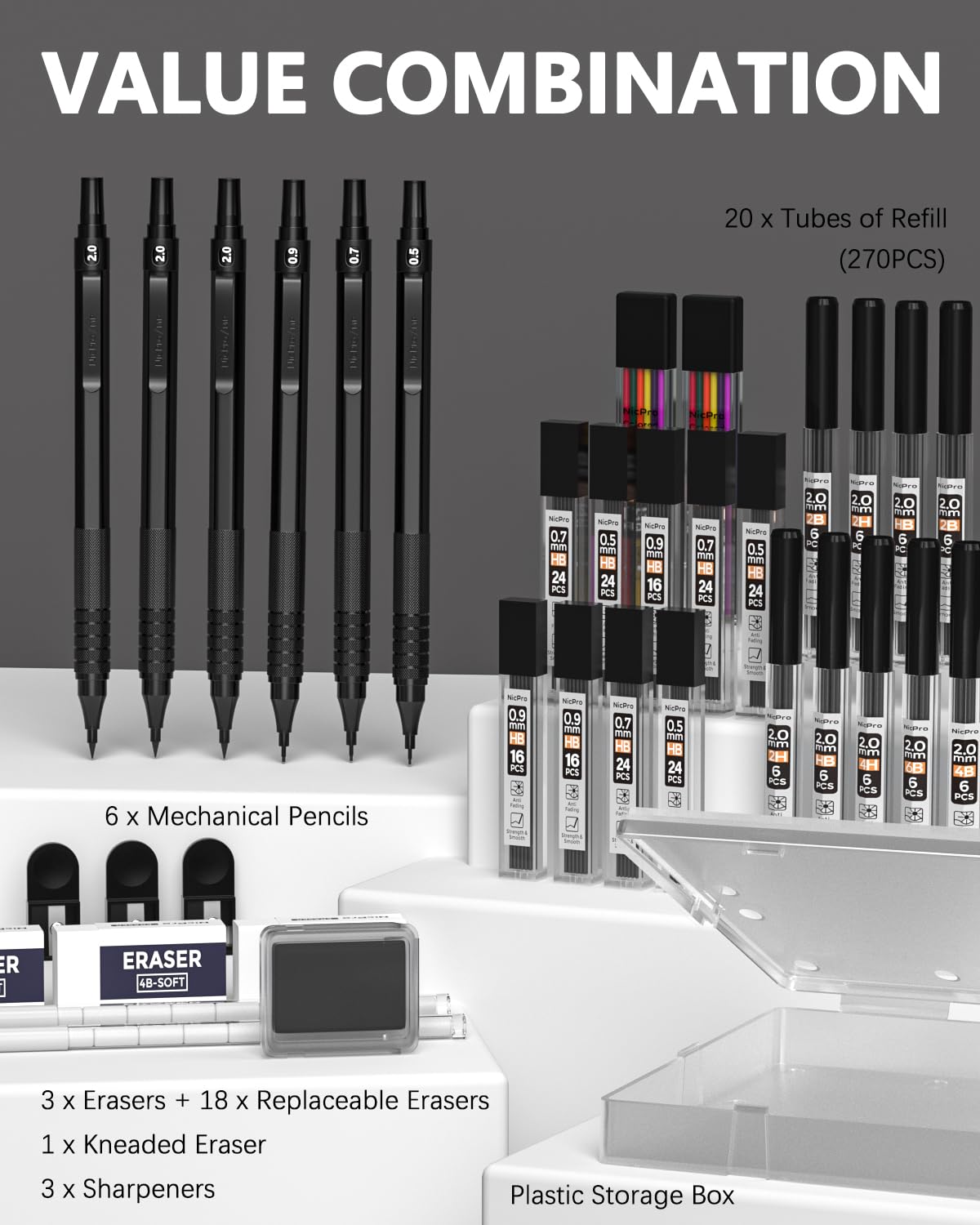 Nicpro 35PCS Black Metal Mechanical Pencils Set in Case, Art Drafting Pencil 0.5, 0.7, 0.9 mm & 3PCS 2mm Graphite Lead Holder for Drawing Sketching With 20 Tube Lead Refills(6B 4B 2B HB 2H 4H Colors) Nicpro