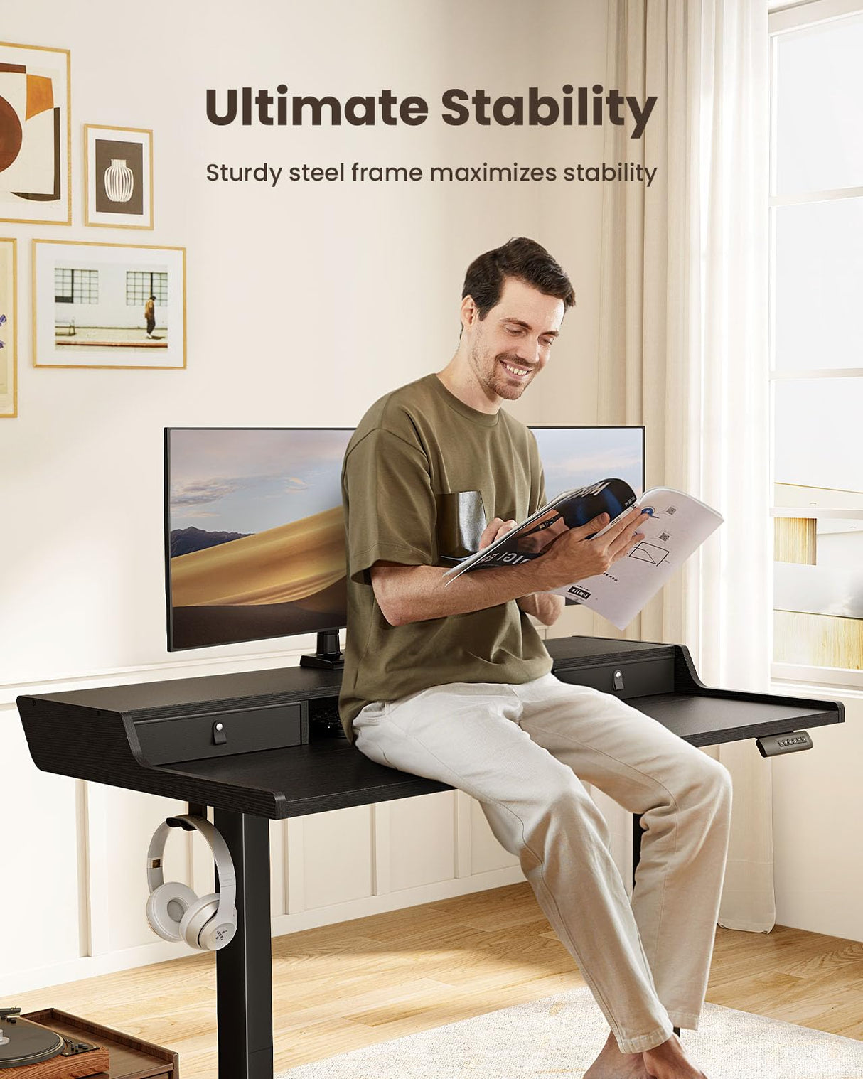 ErGear Electric Standing Desk with Drawers, 55″ x 28″ Gaming Desk with Monitor Stand, C-Clamp Mount Compatible, Home Office Height-Adjustable Desk with Storage Shelf, 4 Preset Heights, Black, EGESD37B ErGear