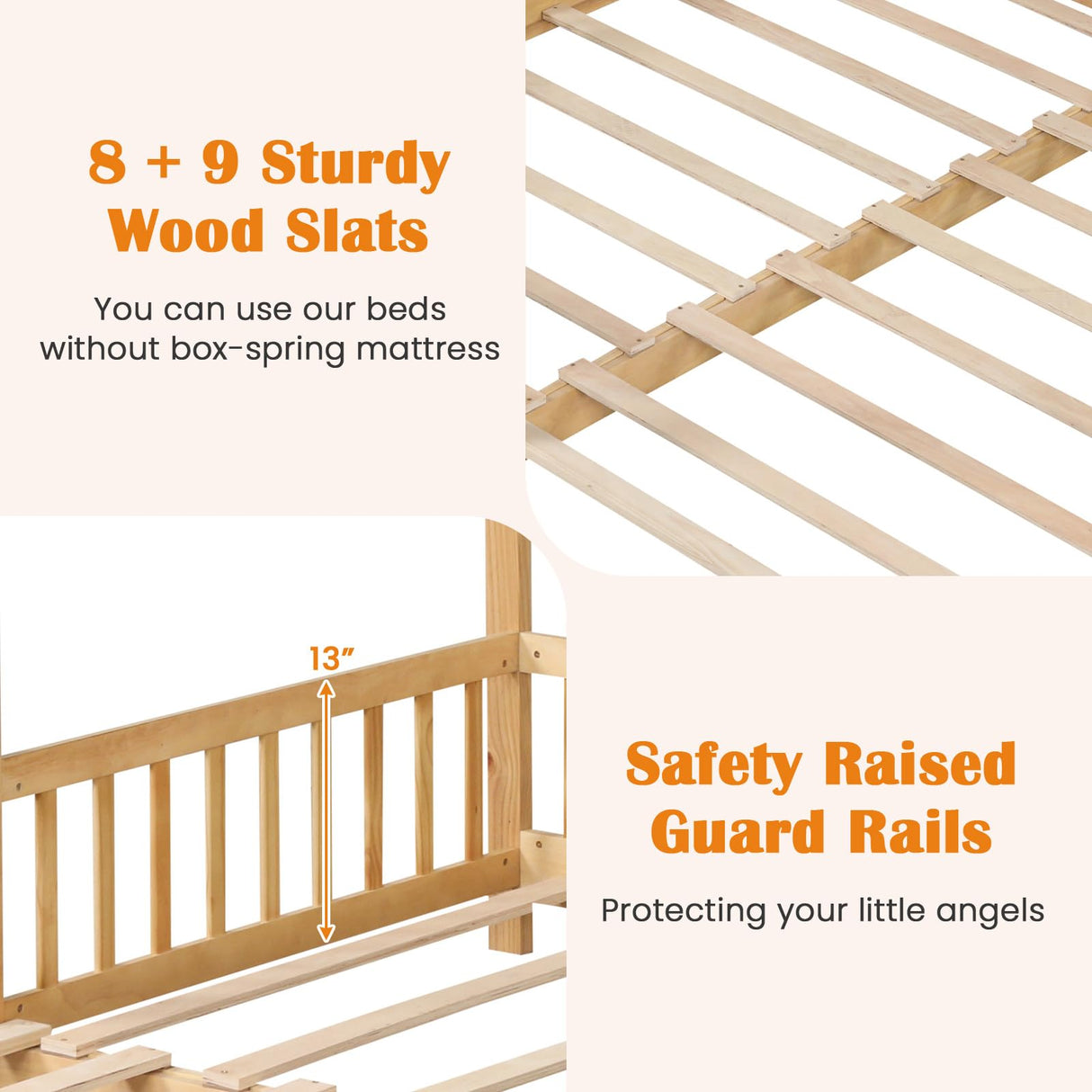 KOMFOTT Wood Extendable House Bed, Twin to King House Daybed with Safety Rails & Decorable Roof, Montessori Daybed, No Box Spring Needed, Roof-Shaped Floor Daybed for Kids, Teens (Natural) KOMFOTT