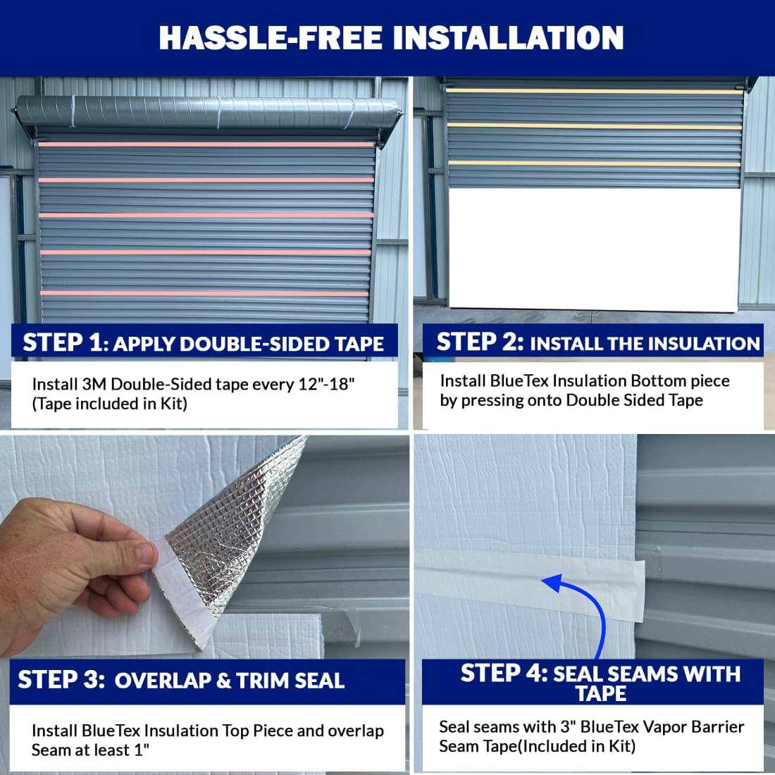 BlueTex Roll Up Garage Door Insulation Kit for Cooling Down Metal Buildings - Easy to Install Complete Garage Insulation Kit for Door Up to 12'x12' - Covers 150 Sq Ft of Single Large Door BlueTex Insulation
