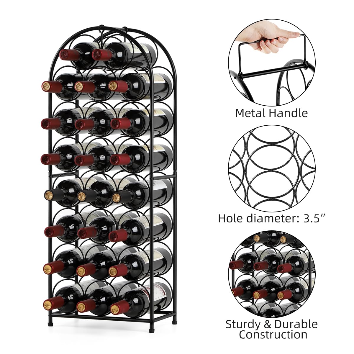 HEOMU 23 Bottles Wine Rack Freestanding Floor, 8 Tier Wine Bottle Holder Metal Floor Wine Rack, Wine Storage Organizer Display Rack for Kitchen Pantry Dining Room Living Room Bar, Black HEOMU