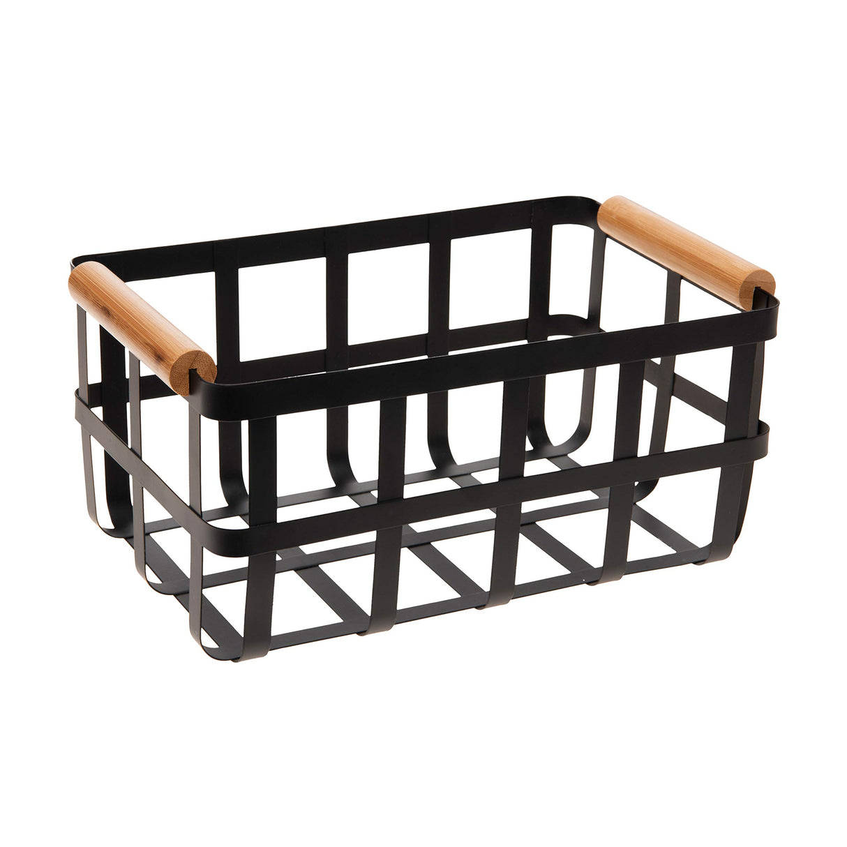 Simplify Rectangular Metal Storage Basket with Bamboo Handles | Large | Farmhouse Style Wire Basket | Home Organizer | Decorative | Rustic | Black Simplify