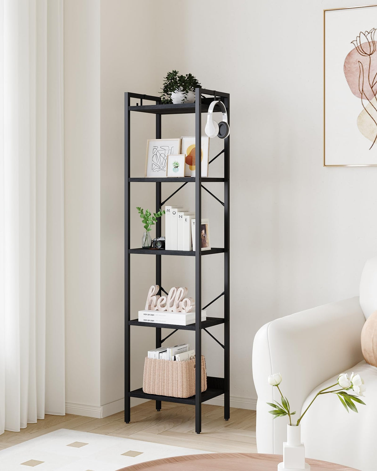 Hzuaneri Bookshelf, Book Shelf, Industrial Bookcase with 2 Hooks, Coner Shelf Storage Organizer for Home Office, Living Room, Bedroom, Kitchen, 5-Tier Black BC10504B Hzuaneri