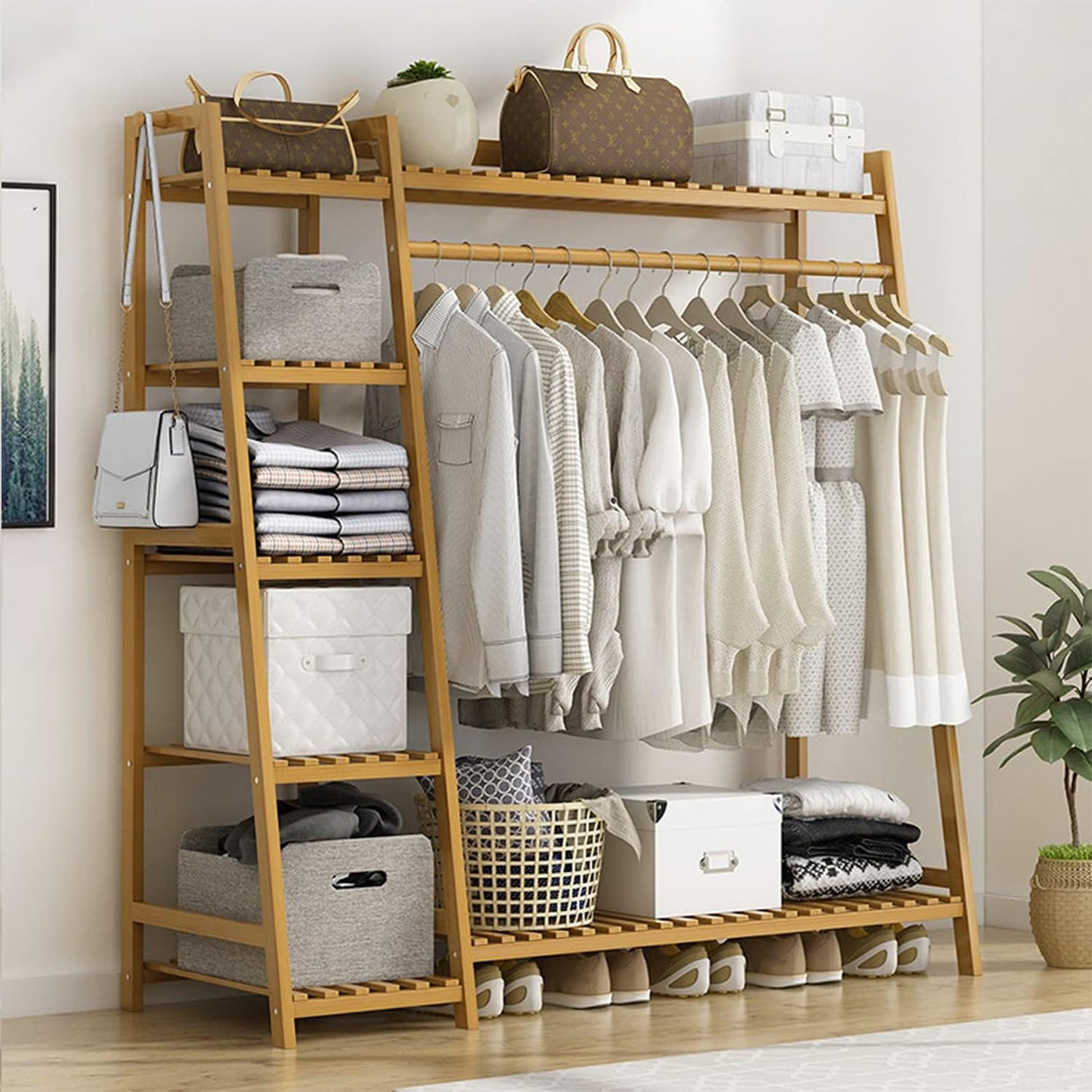 Baveke Bamboo Clothing Garment Rack 7 Tier Storage Shelf Coat Clothes Hanging Rack, Portable Wardrobe Closet Organizer With Top Shelf, Shoe Storage Shelves for Bedroom (Natural - 51.2 in) Baveke