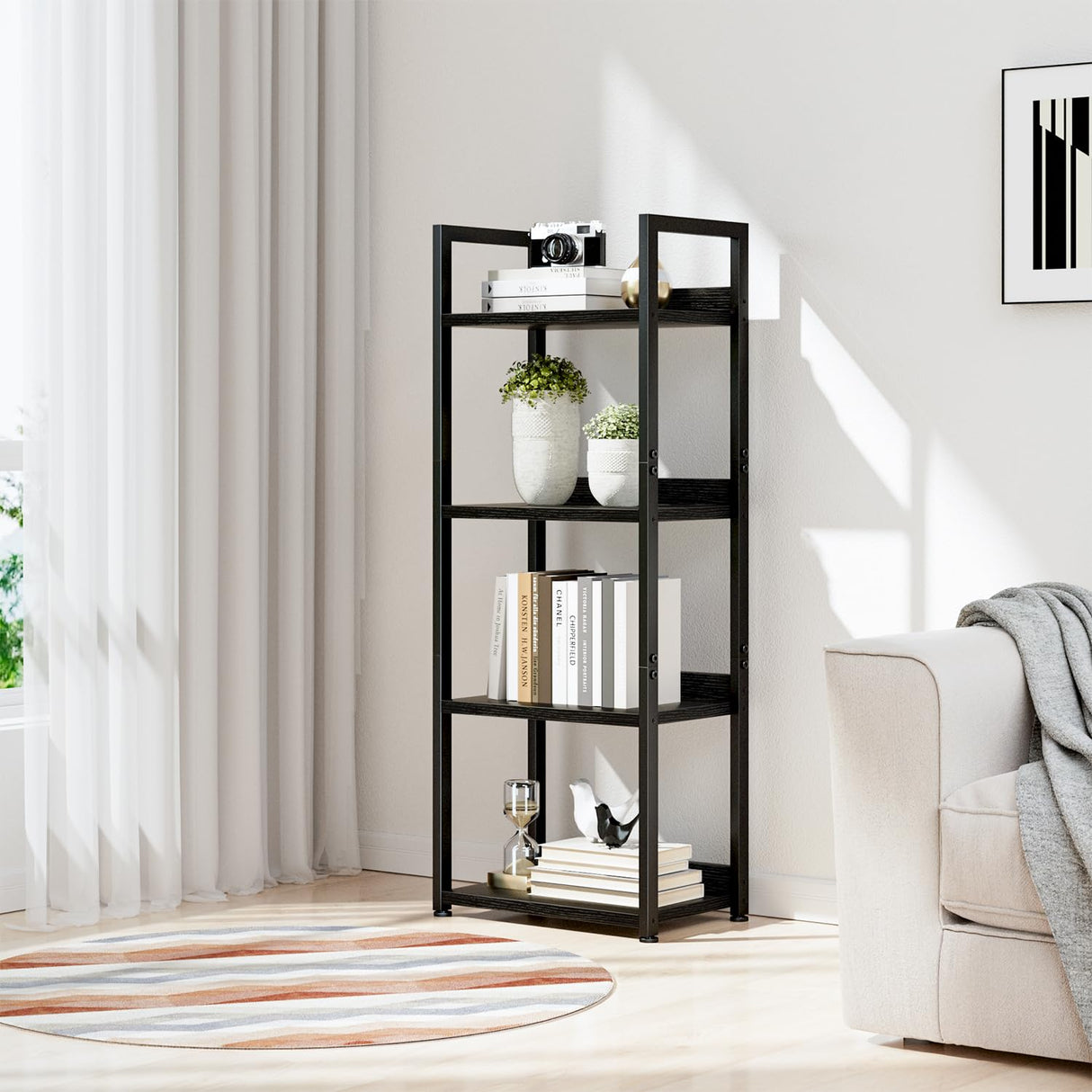 NUMENN Narrow Bookshelf, 4 Tier Bookshelves, Home Office Bookcase Shelf Storage Organizer, Free Standing Storage Shelving Unit for Bedroom, Living Room and Home Office, Black NUMENN