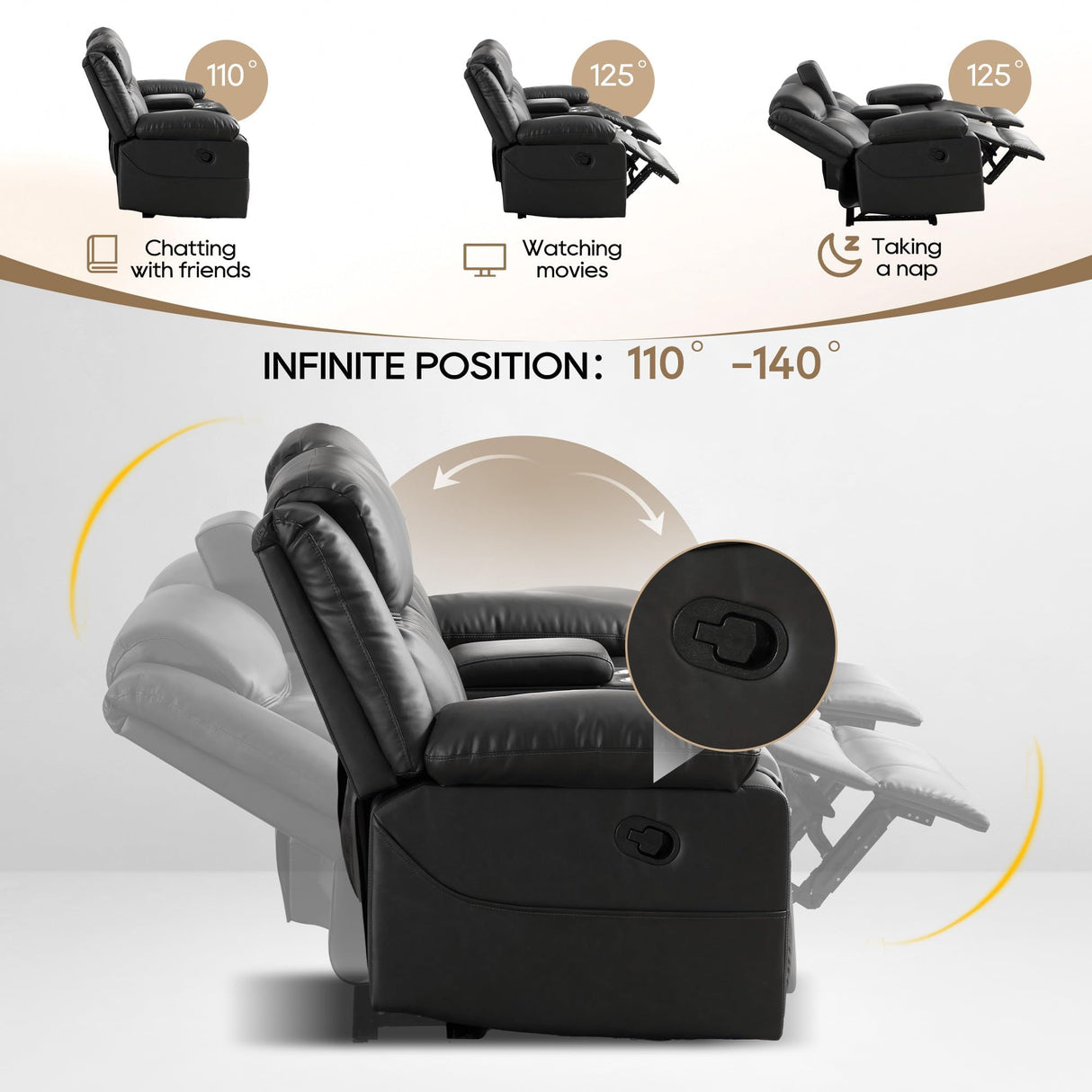 GUEAPY Reclining Loveseat Sofa with Heat and Massage, 70" Leather Dual Recliner Couch with Cup Holders, Storage Drawer & Infinite Reclining Angles,Reclining Loveseat for Living Room, Apartment, RV GUEAPY