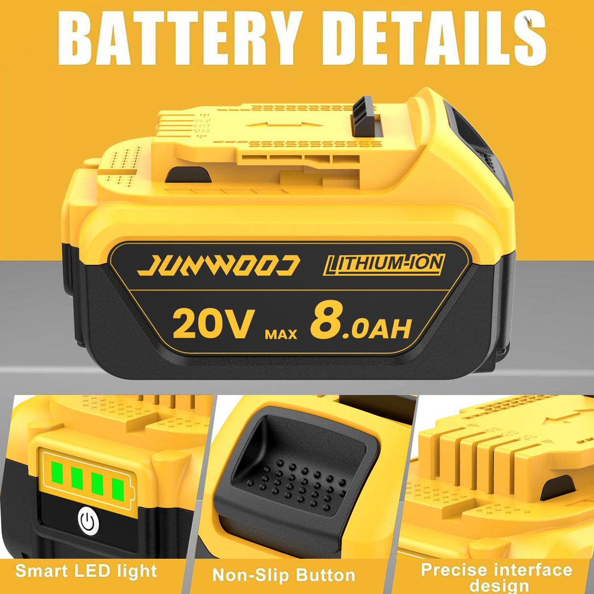 JUNWOOD 4Pack 8.0Ah Replacement for Dewalt 20V Battery Lithium Max XR Cordless Tools DCB180 DCB205 DCB206 DCB206-2 DCB200 DCB204 DCB204BT-2 DCB203 DCB201 DCB207 JUNWOOD