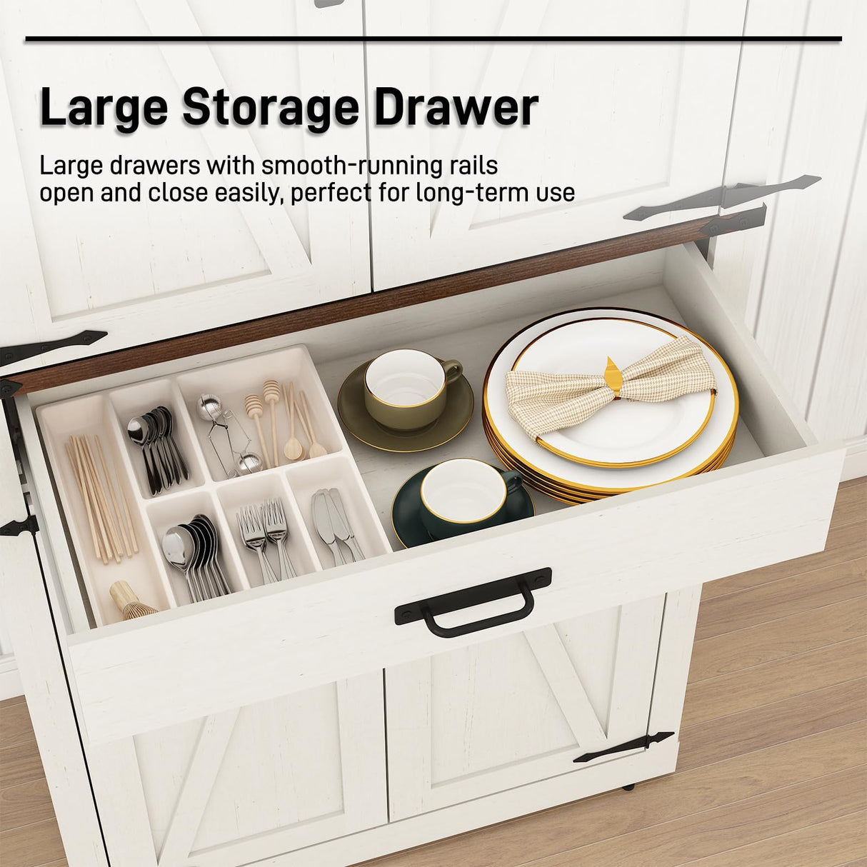 Hlivelood 72" Tall Farmhouse Kitchen Pantry Cabinet with Drawer, Rustic Wood Cupboard Storage Cabinet w/Organizer and 4 Barn Doors, Storage Cabinet for Kitchen, Dining Room, Living Room, Rustic White Hlivelood