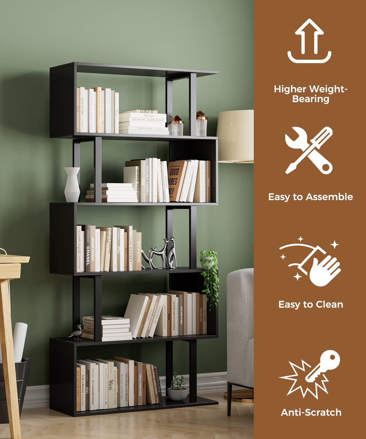Gadroad 5-Tier Geometric Bookcase,S Shaped Bookshelf, Wood Decorative Storage Shelving, Modern Freestanding Display Shelves, Tall Book Shelf Unit for Living Room Bedroom, Black Gadroad