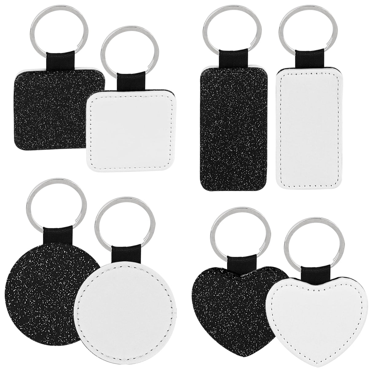 Framendino, 8 Pack Sublimation Blank Keychain Glitter PU Leather Heat Transfer Keyrings Heart Round Square Rectangle Key Chain for DIY Craft Making Framendino