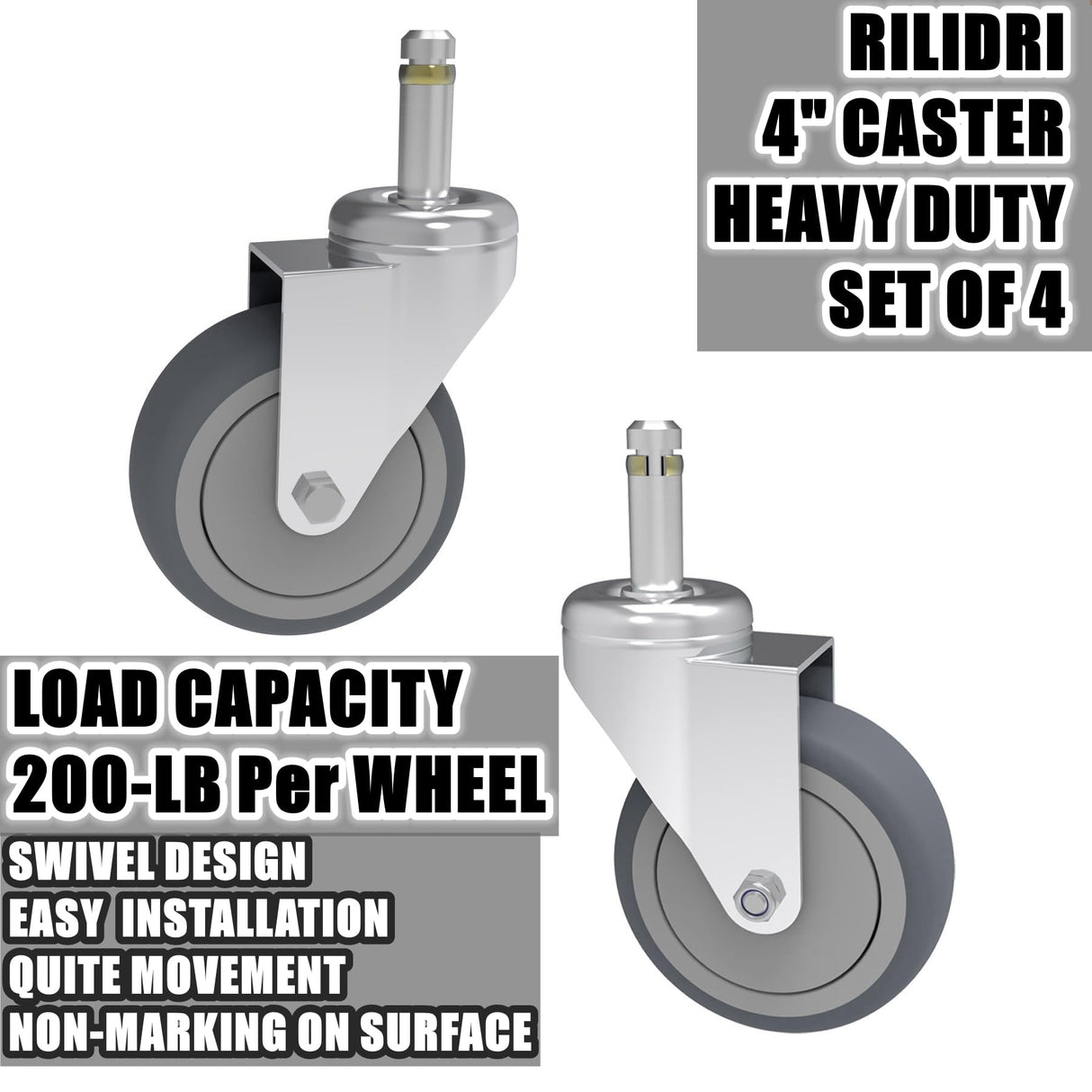 RILIDRI 4-Inch Swivel Stem Caster, 7/16-Inch Stem Diameter Rubber Wheel, Heavy Duty TPR Replacement Wheels for Rubbermaid Mop Bucket Cart Grill Casters - 4 Pack RILIDRI