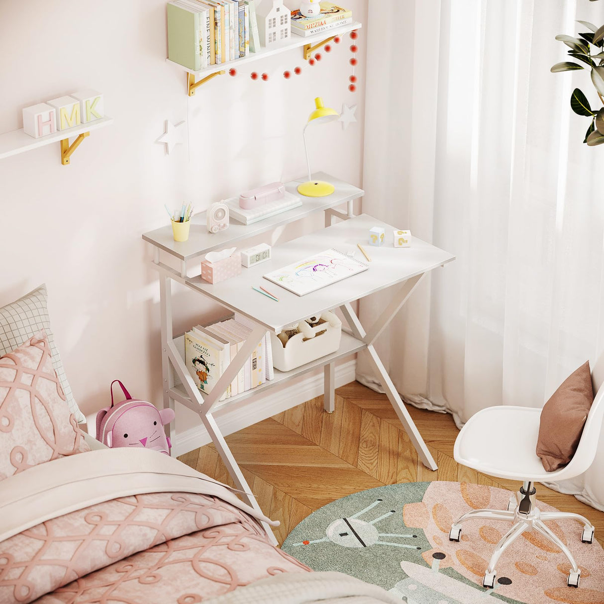 ODK Small Computer Desk, 27.5 inch Desk for Small Spaces with Storage, Compact Table with Monitor & Storage Shelves for Home Office, Modern Style Laptop Desk, Pure White ODK