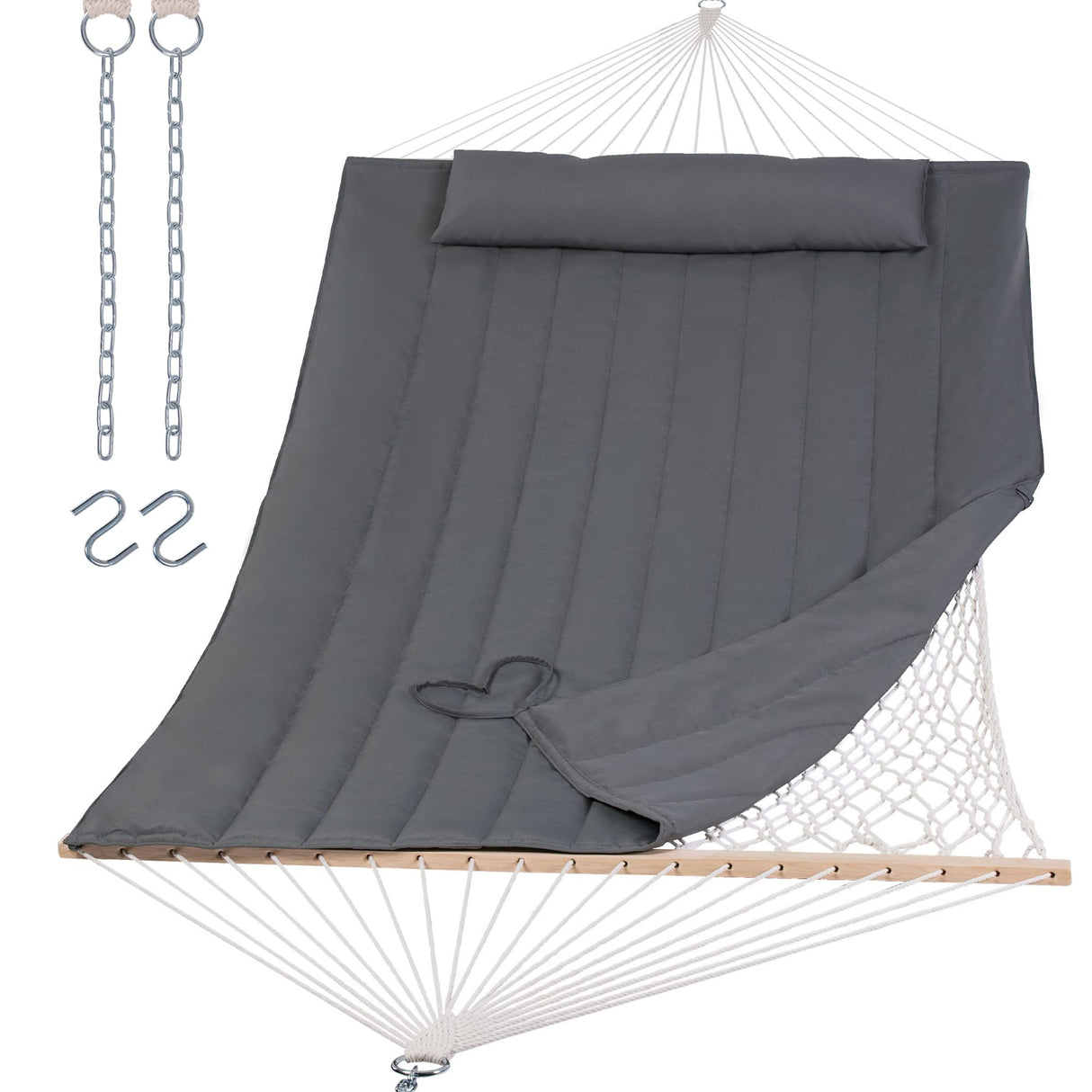 SUNCREAT Hammocks 2 Person Hammock with Hardwood Spreader Bar, Double Rope Hammock with Polyester Pad, Dark Gray SUNCREAT